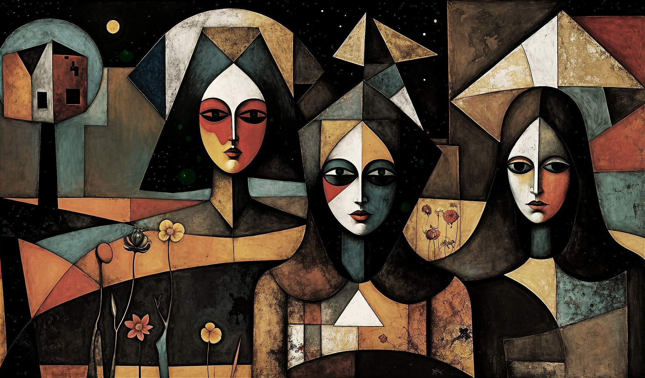 Three Stylized Female Figures in Bold Colors and Shapes