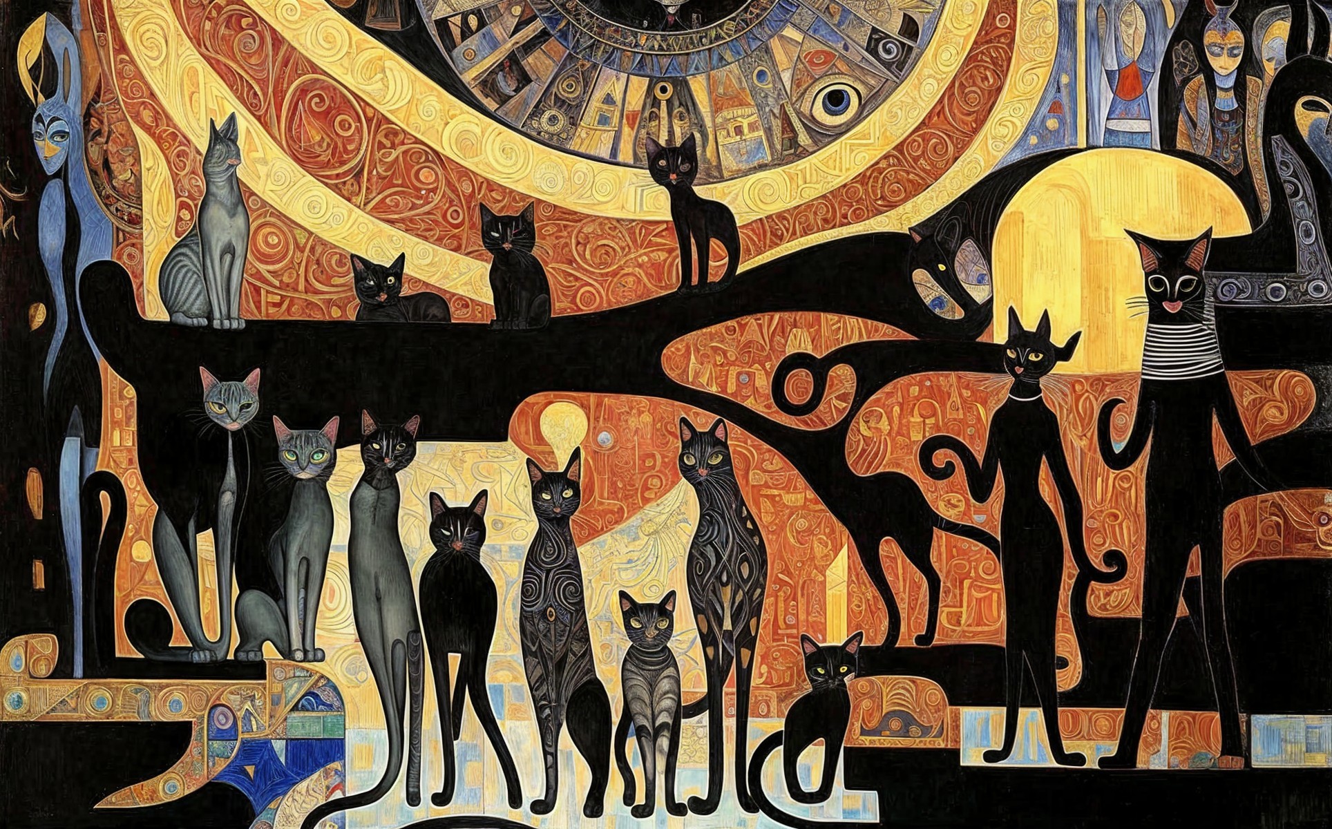 Abstract Composition of Stylized Cats in Rich Colors