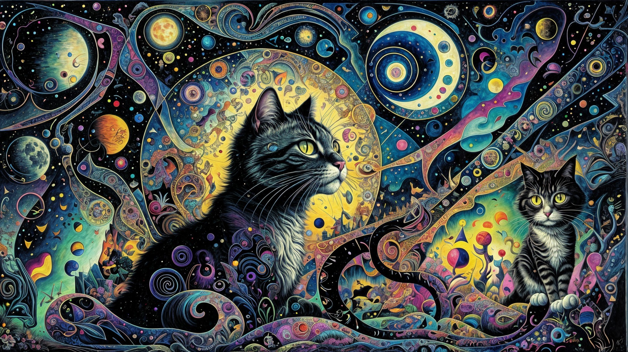 Illustration of Cats in a Cosmic Fantasy Background
