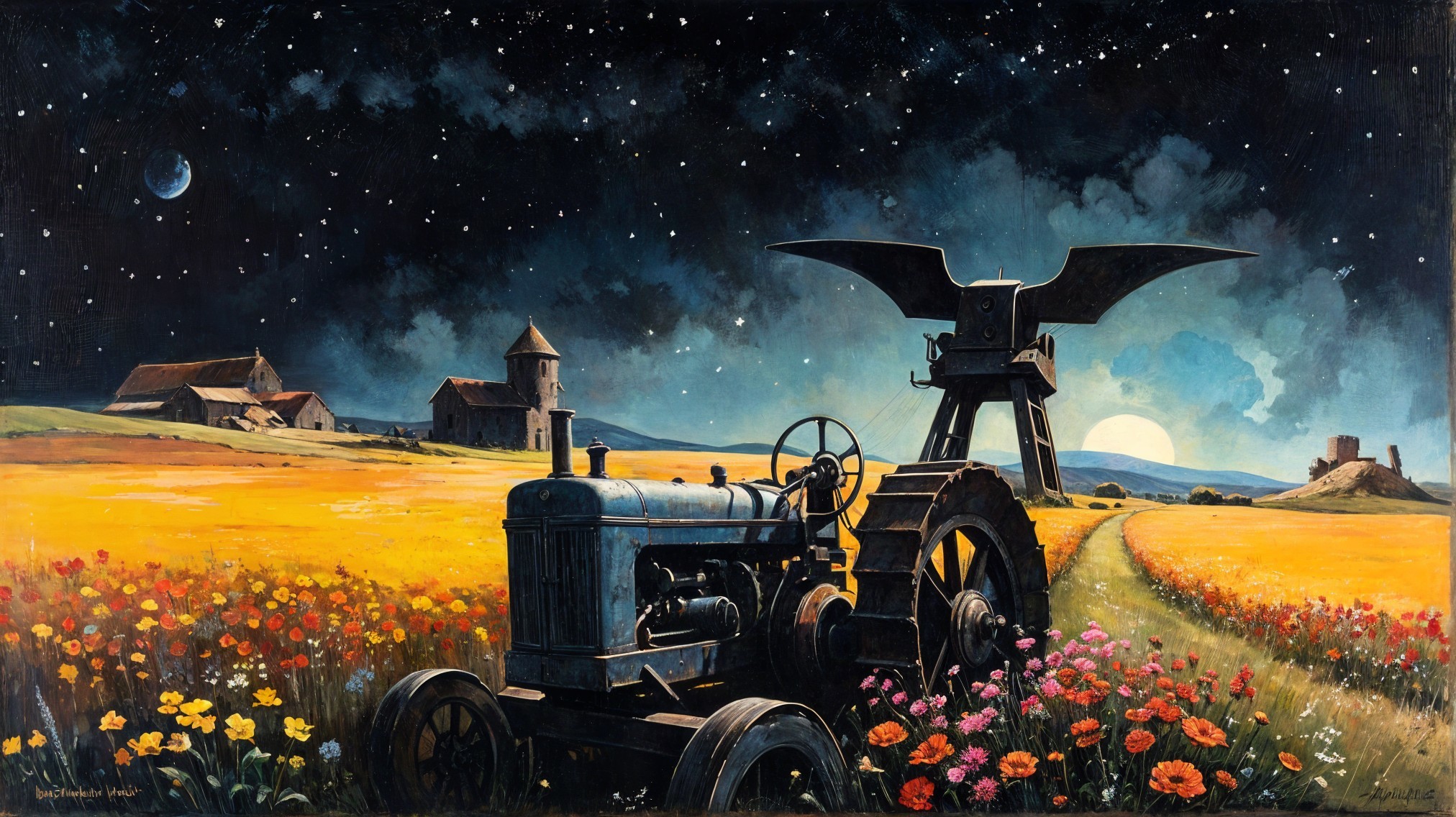 Vintage Blue Tractor in Flower Field at Night