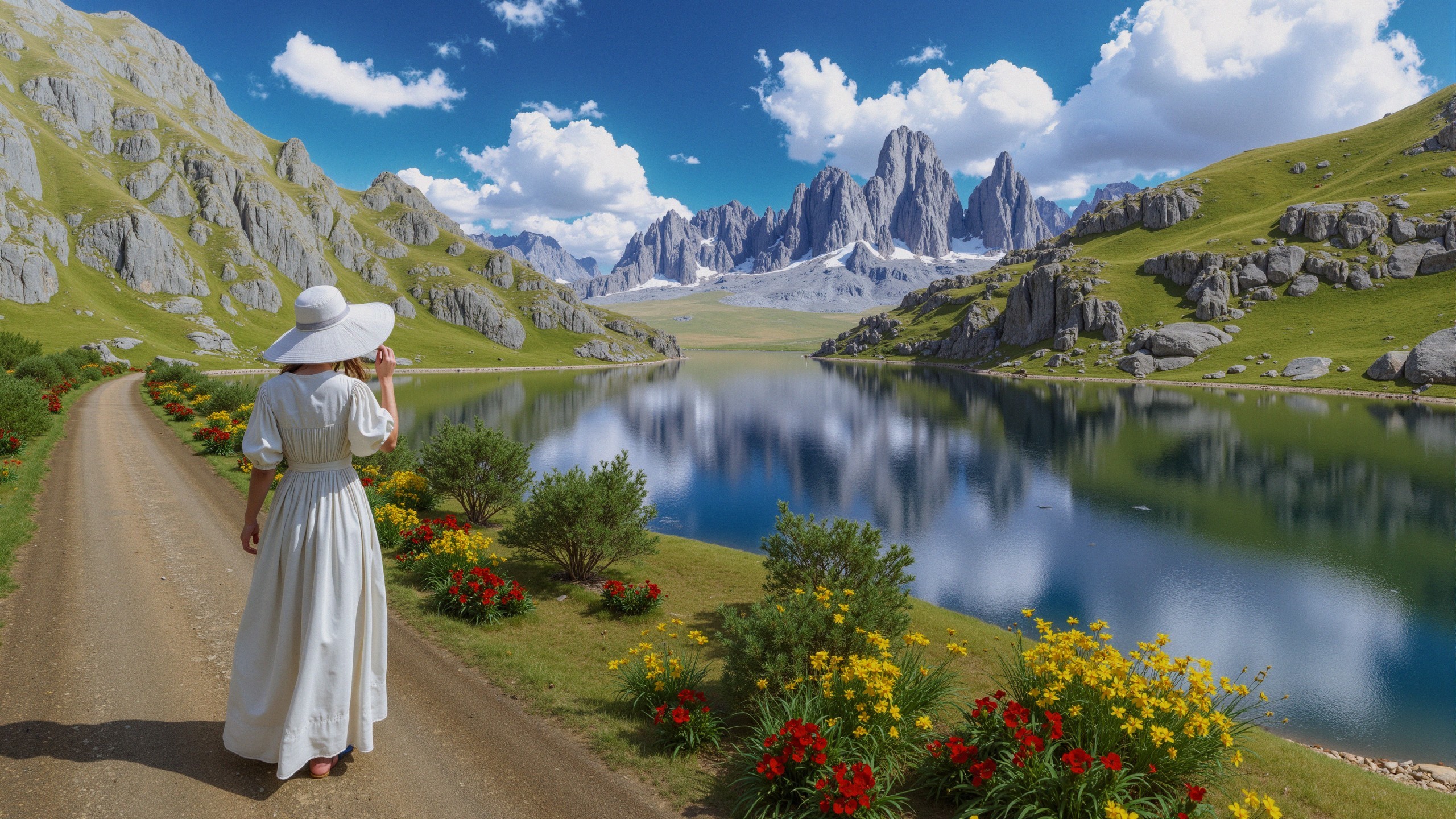 Woman in White Dress by Serene Lake and Mountains