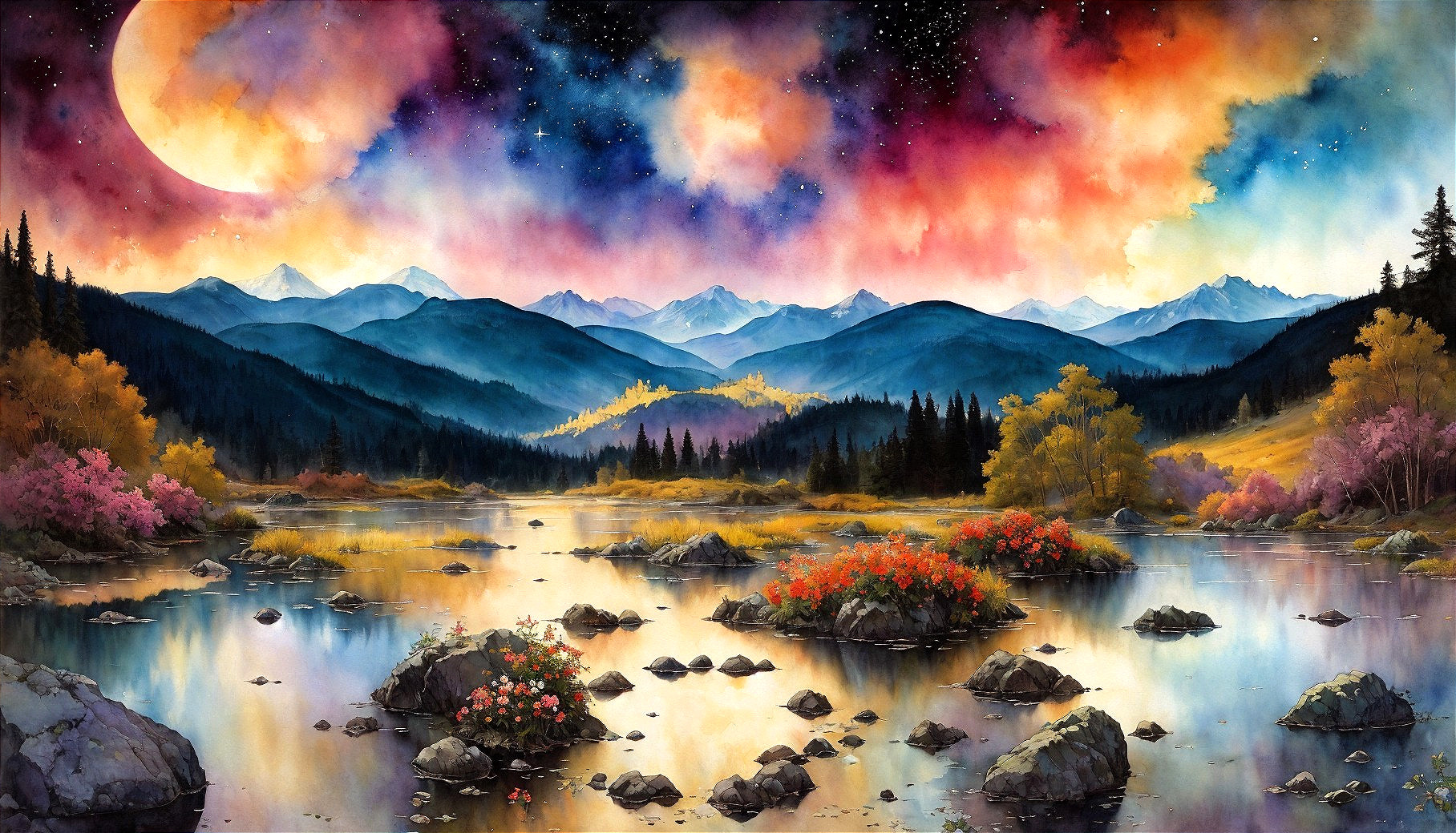 Twilight Landscape with Lake, Mountains, and Moon