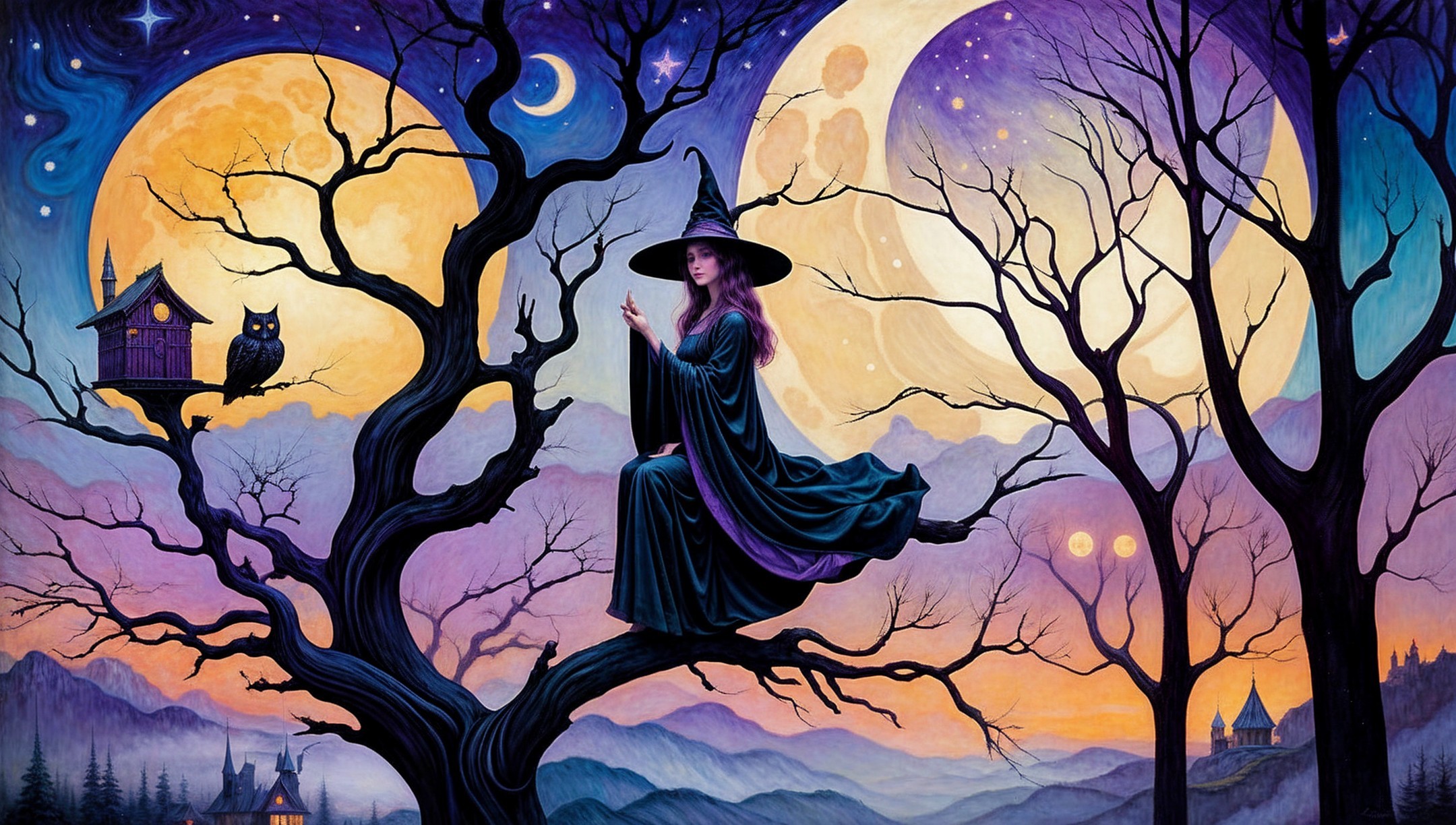 Witch on Tree Branch in Twilight Landscape with Moons
