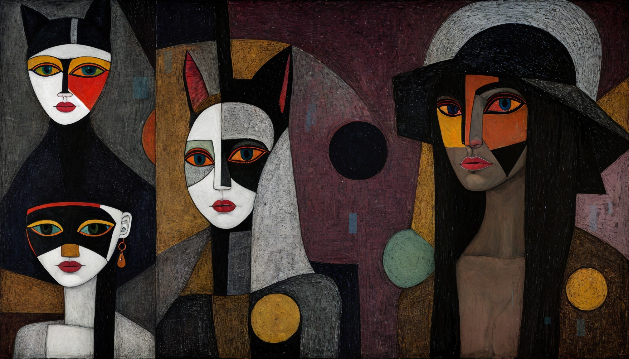 Stylized Figures with Cat Elements and Bold Colors