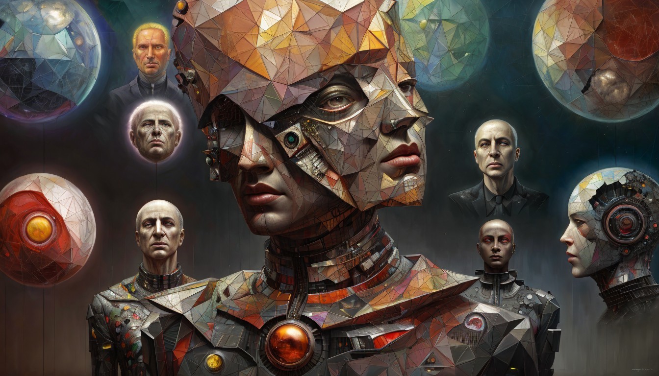 Futuristic collage of cyborg and human faces with technological elements