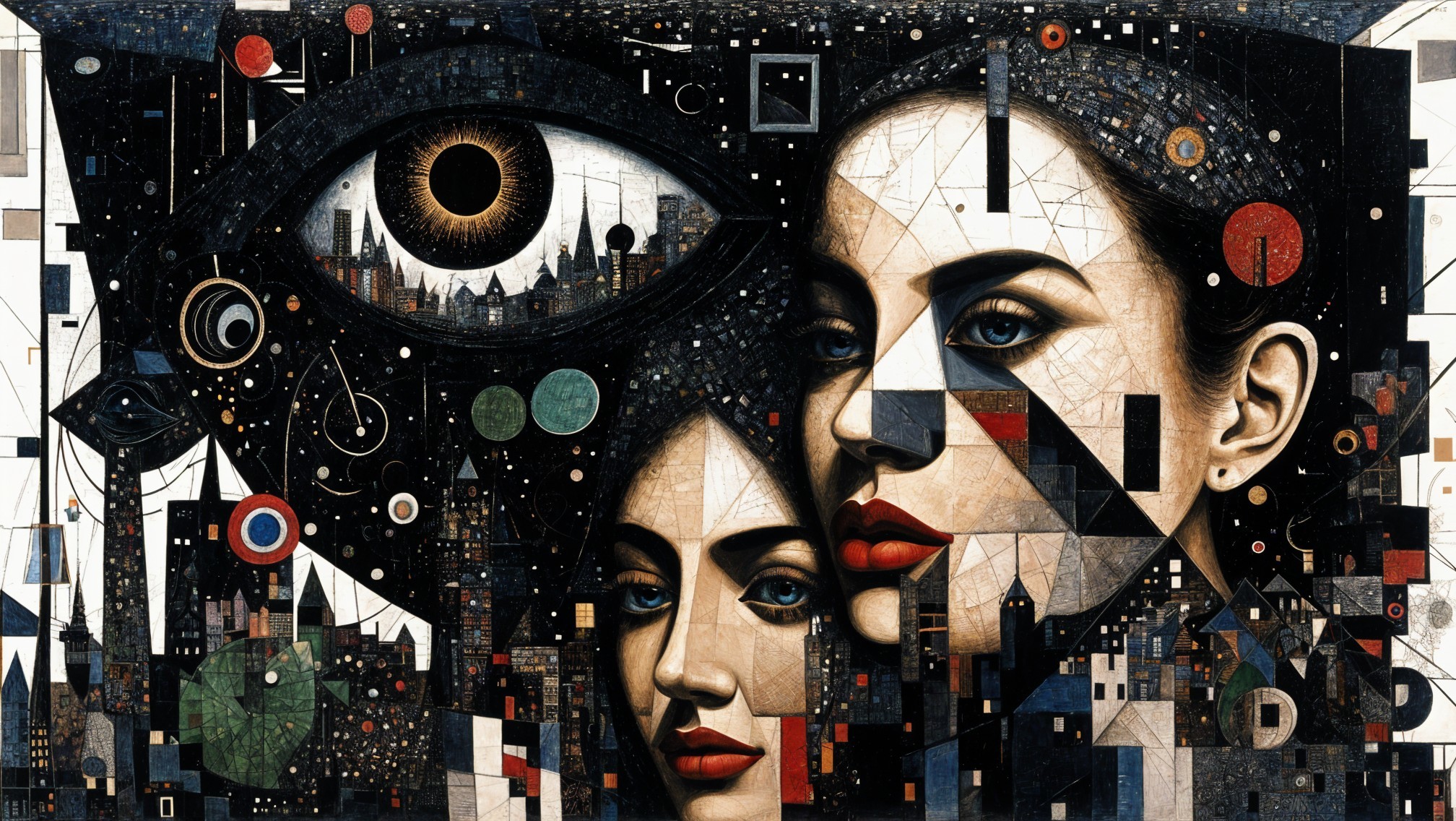 Stylized Female Faces with Oversized Eye and Mosaic Background