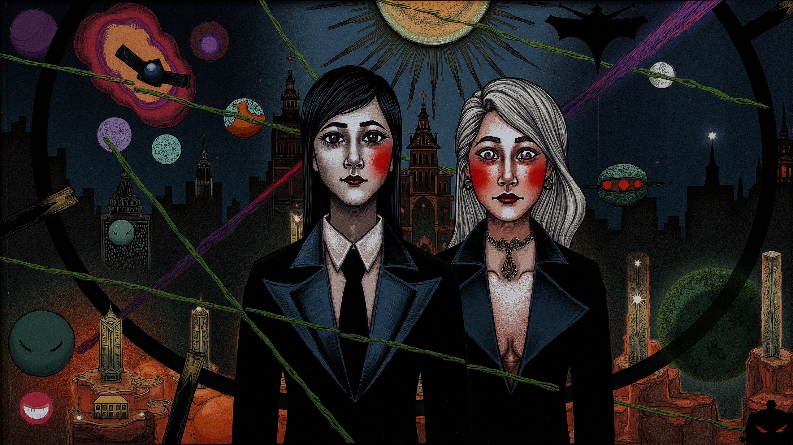 Figures in Black Suits Against Surreal Background