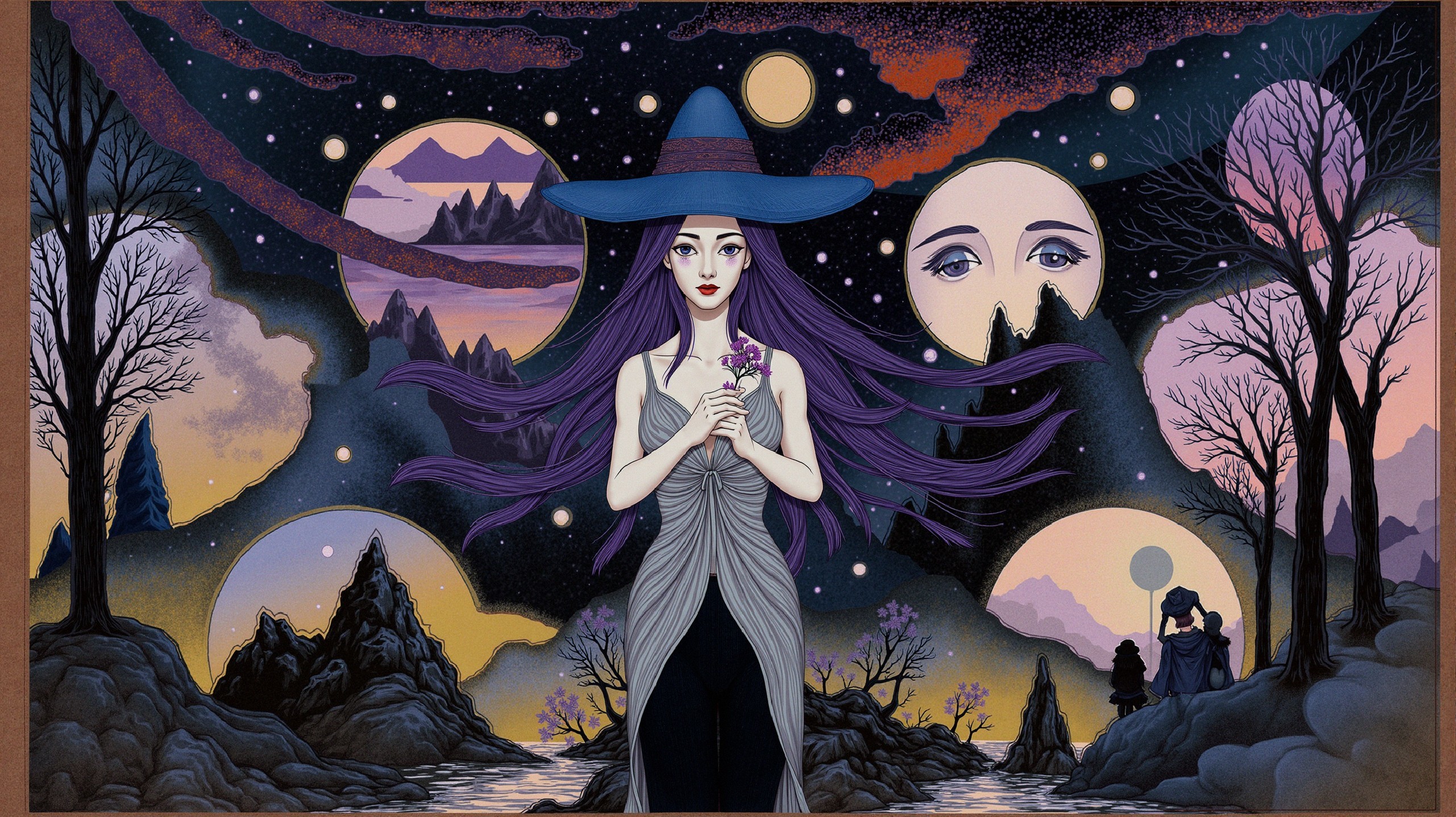 Mystical Scene of Woman in Flowing Dress and Hat