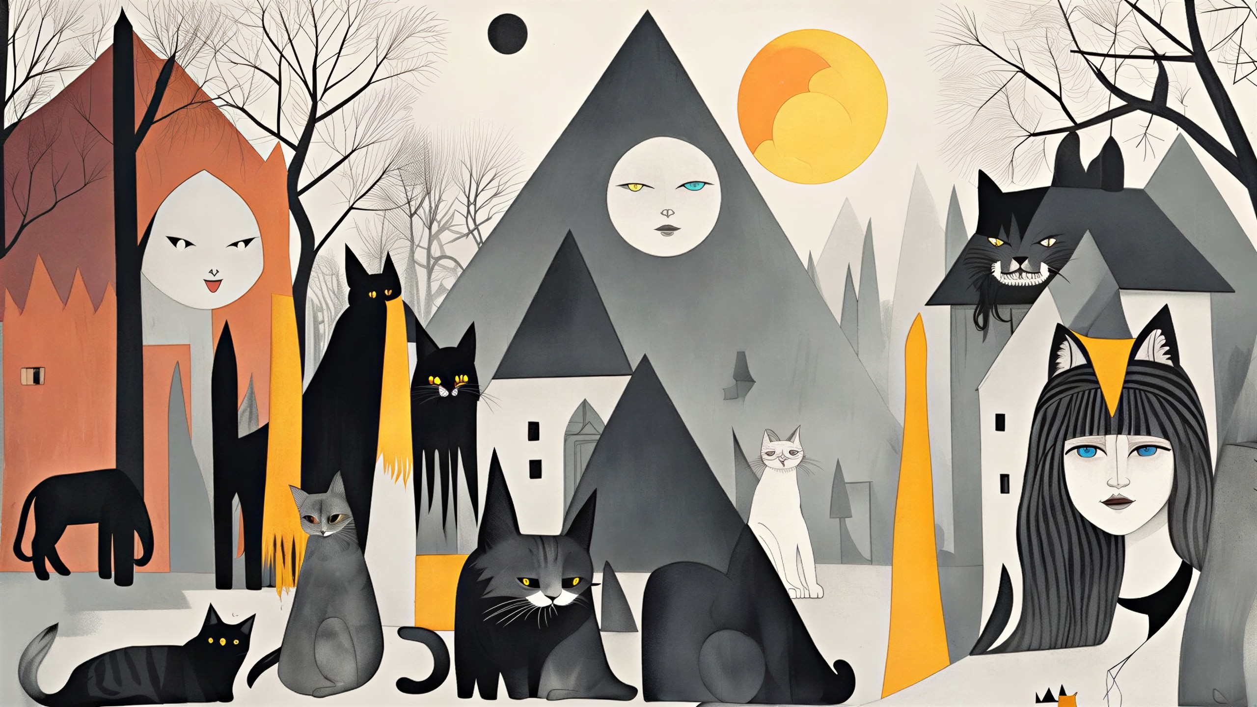 Whimsical Landscape with Abstract Characters and Cats