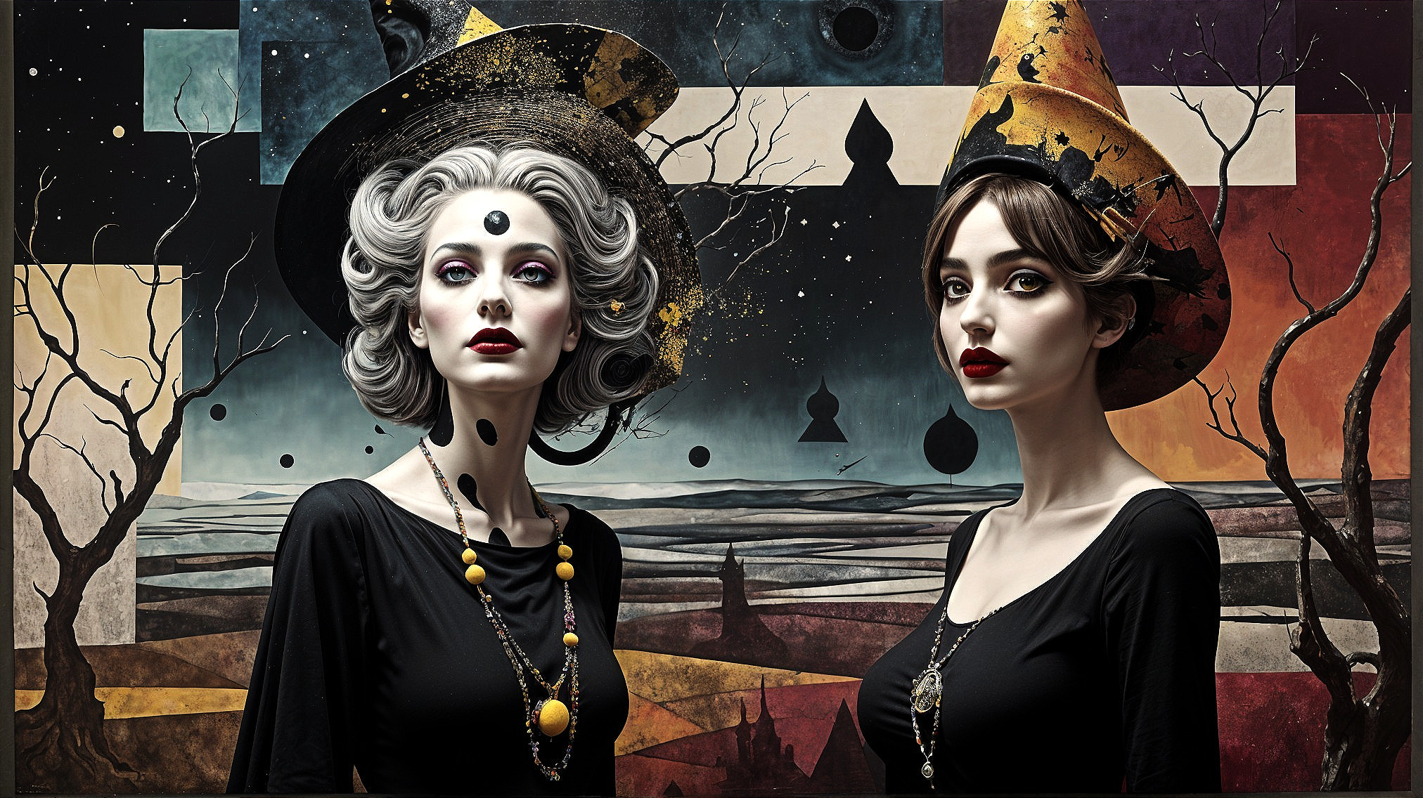Elegantly Dressed Women in Surreal Landscape Setting