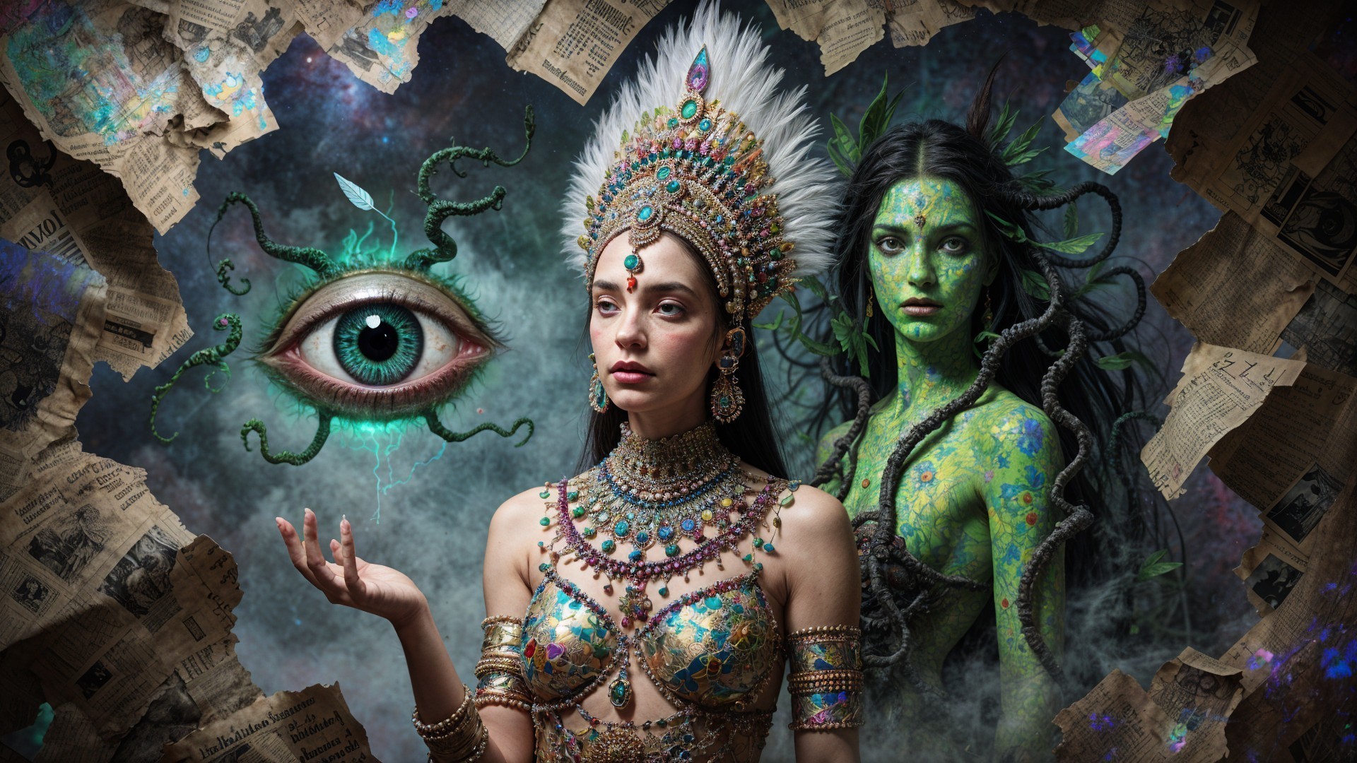Ethereal Figures Surrounded by Nature and Mystery