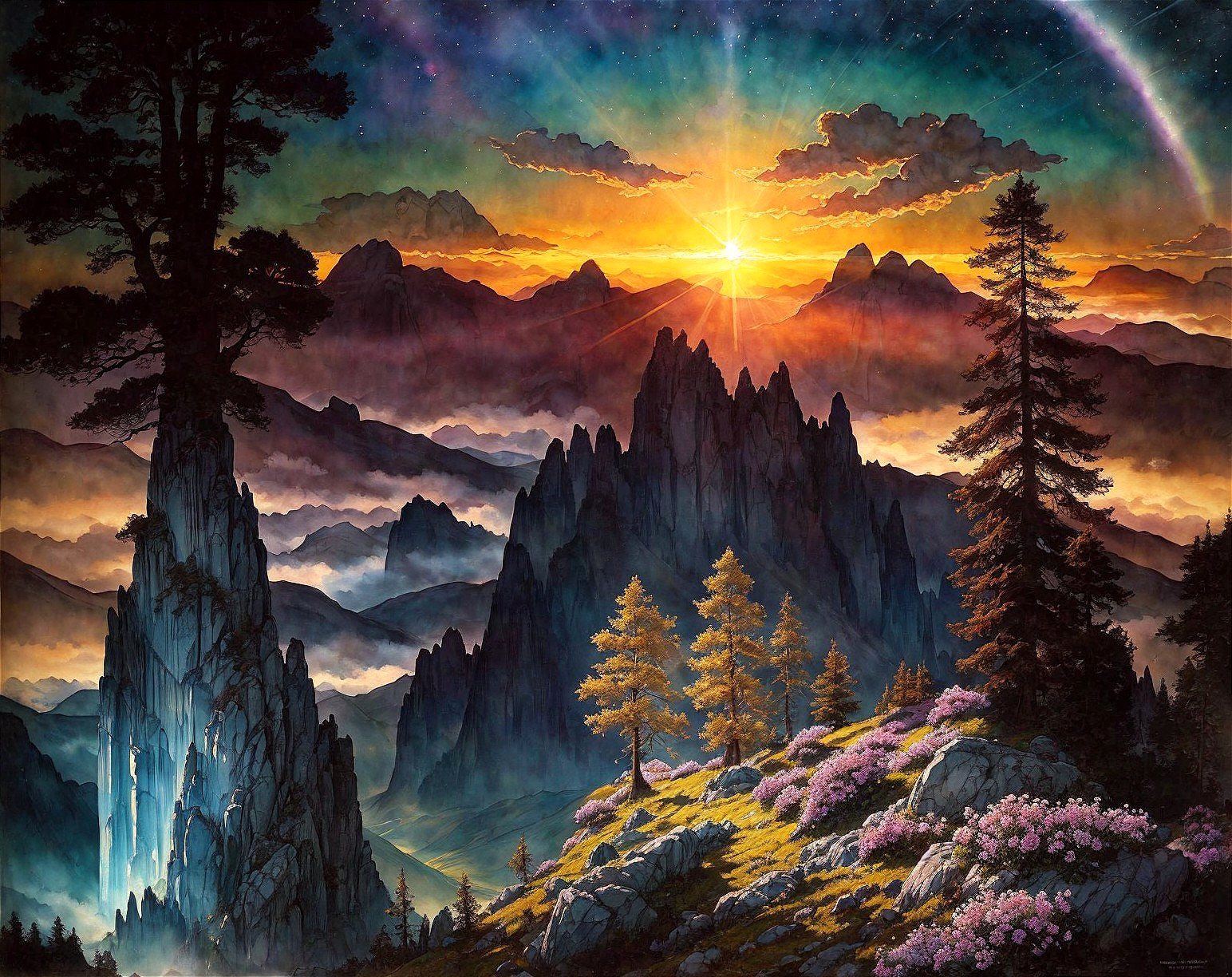 Mountain Landscape at Sunset with Vibrant Colors