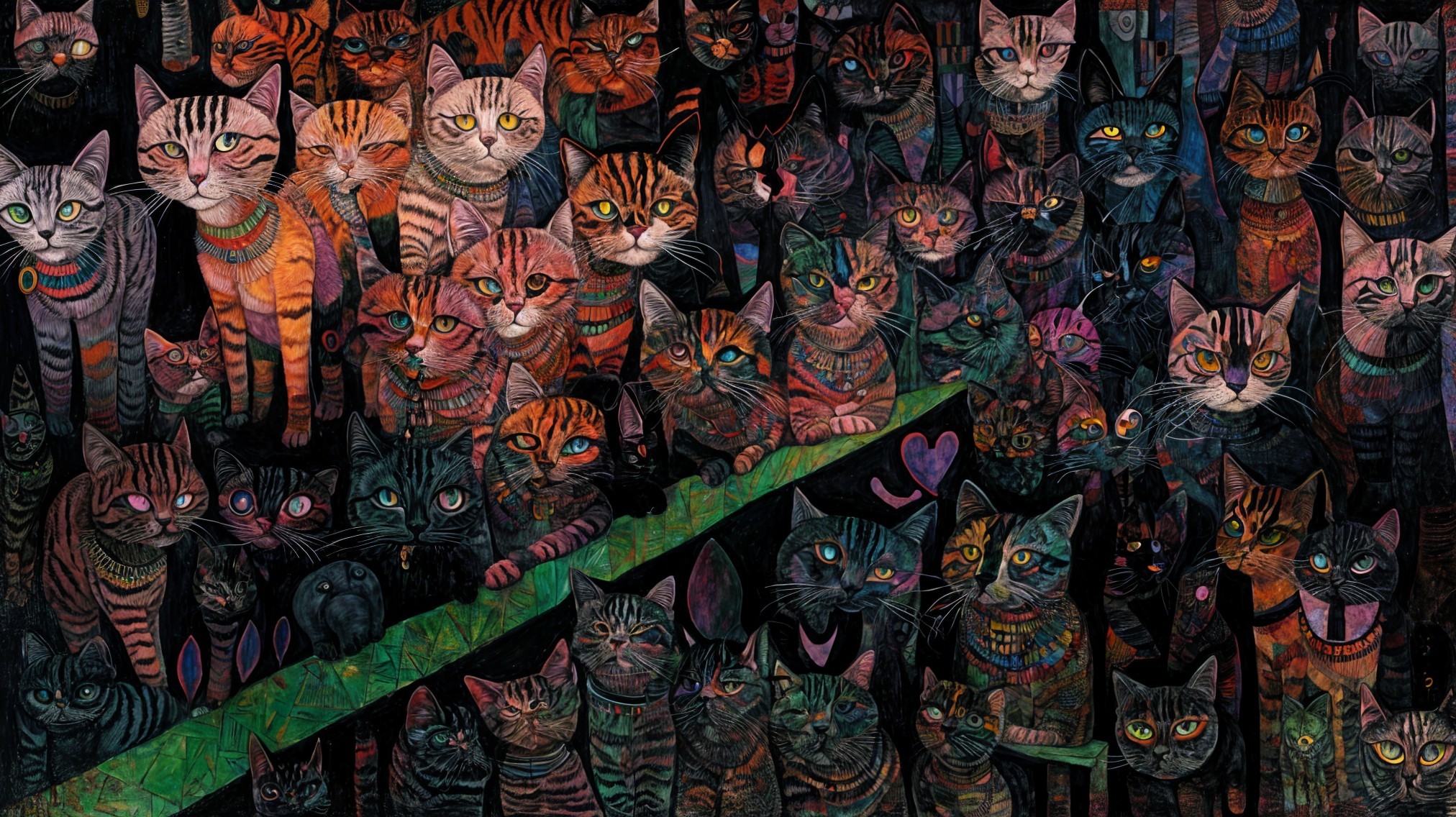 Whimsical Illustration of Colorful Cats in a Dark Setting