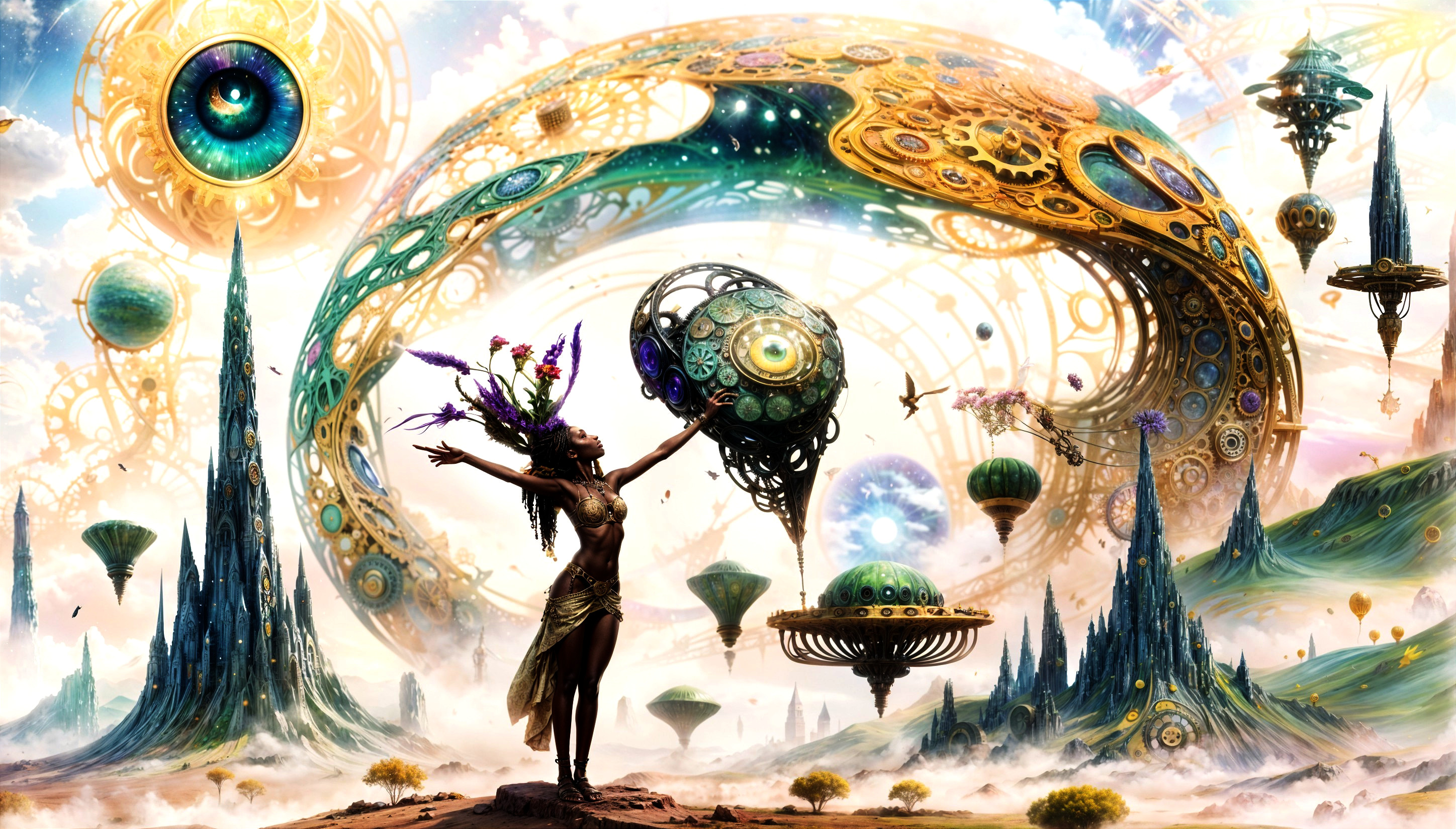 Surreal Landscape with Mystical Figure and Celestial Orb