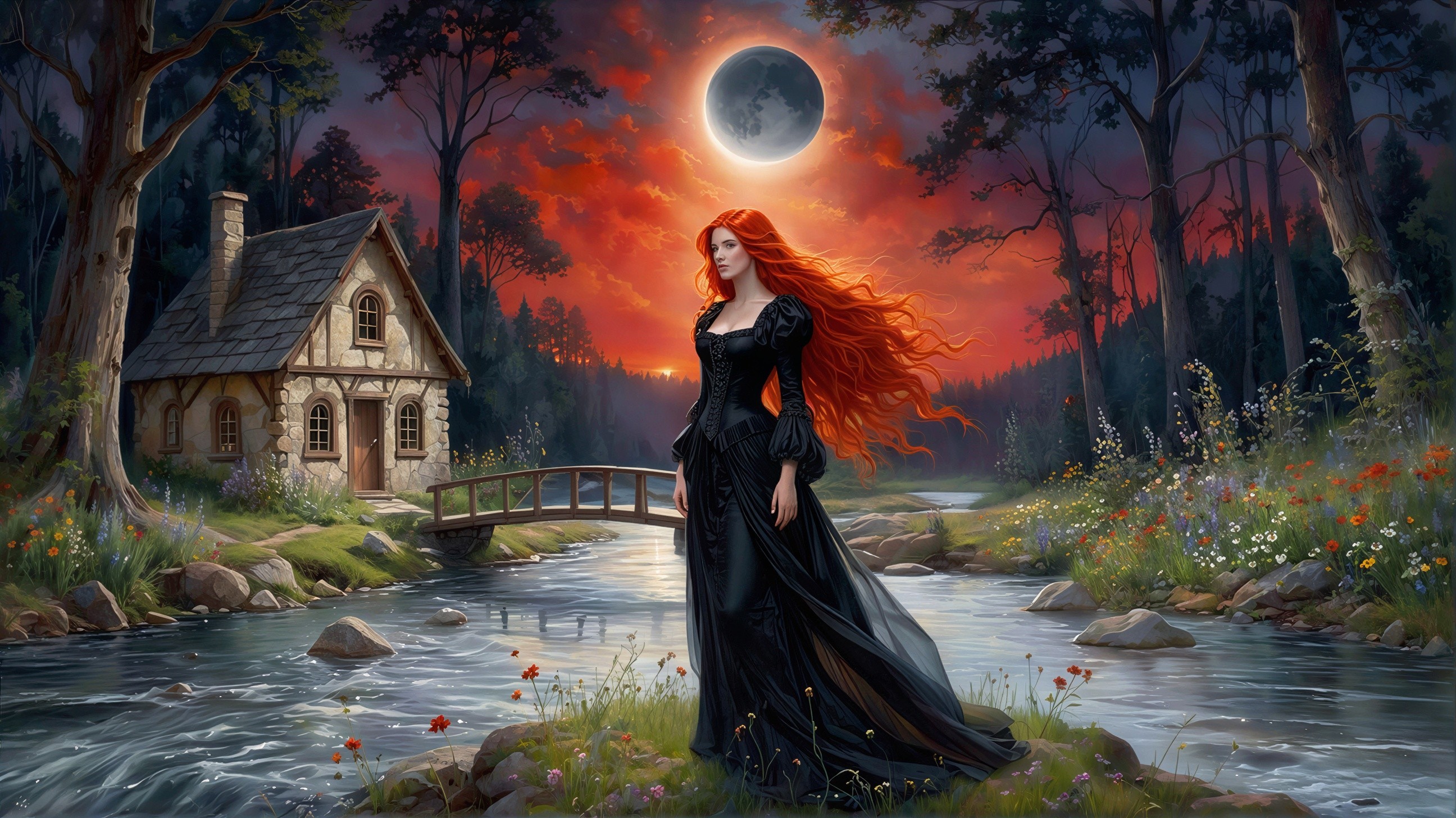 Fantasy art painting of a woman by a river island