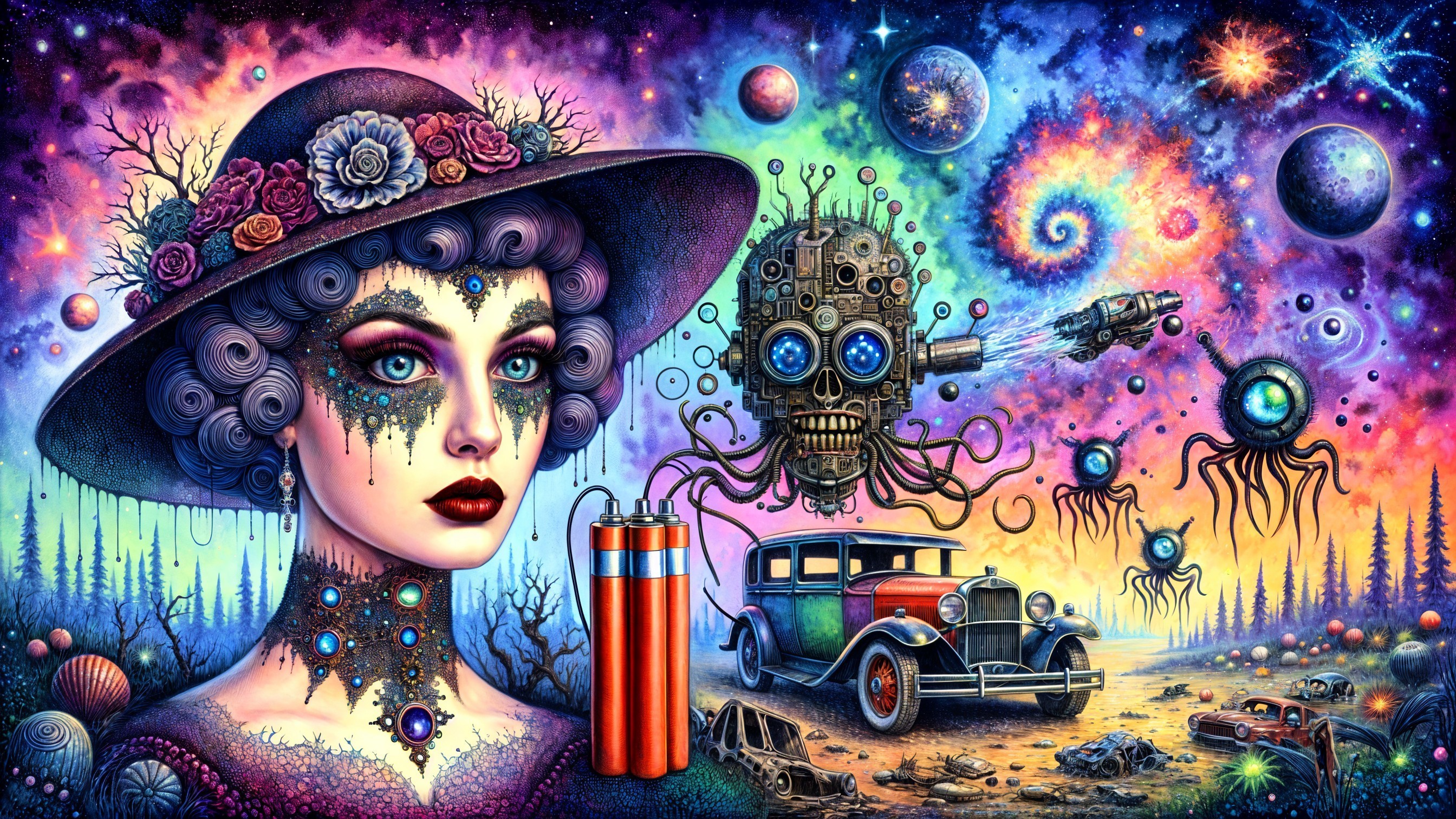Surreal Scene with Woman, Cosmic Background, and Skull
