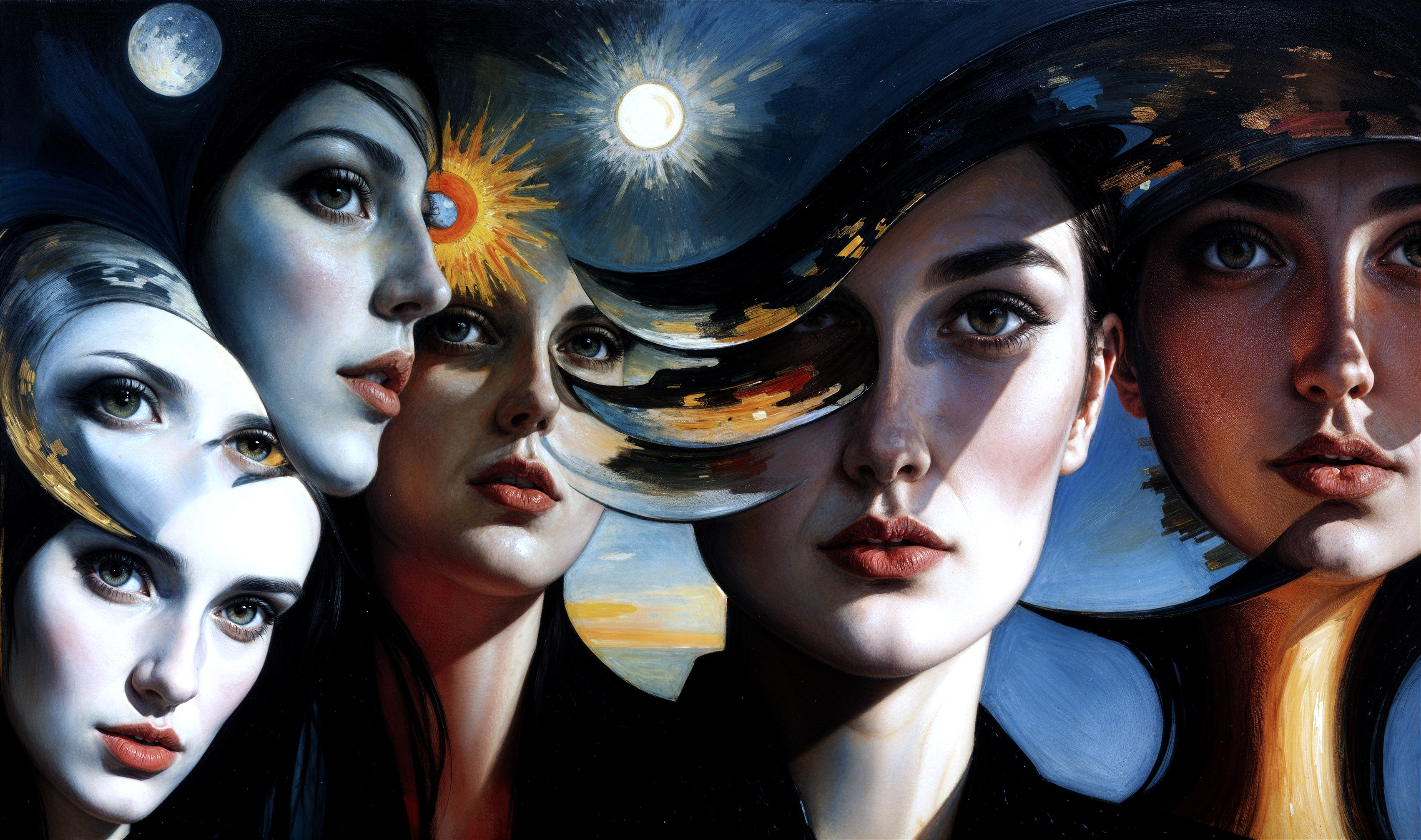 Surreal Artwork of Merging Female Faces and Celestial Elements