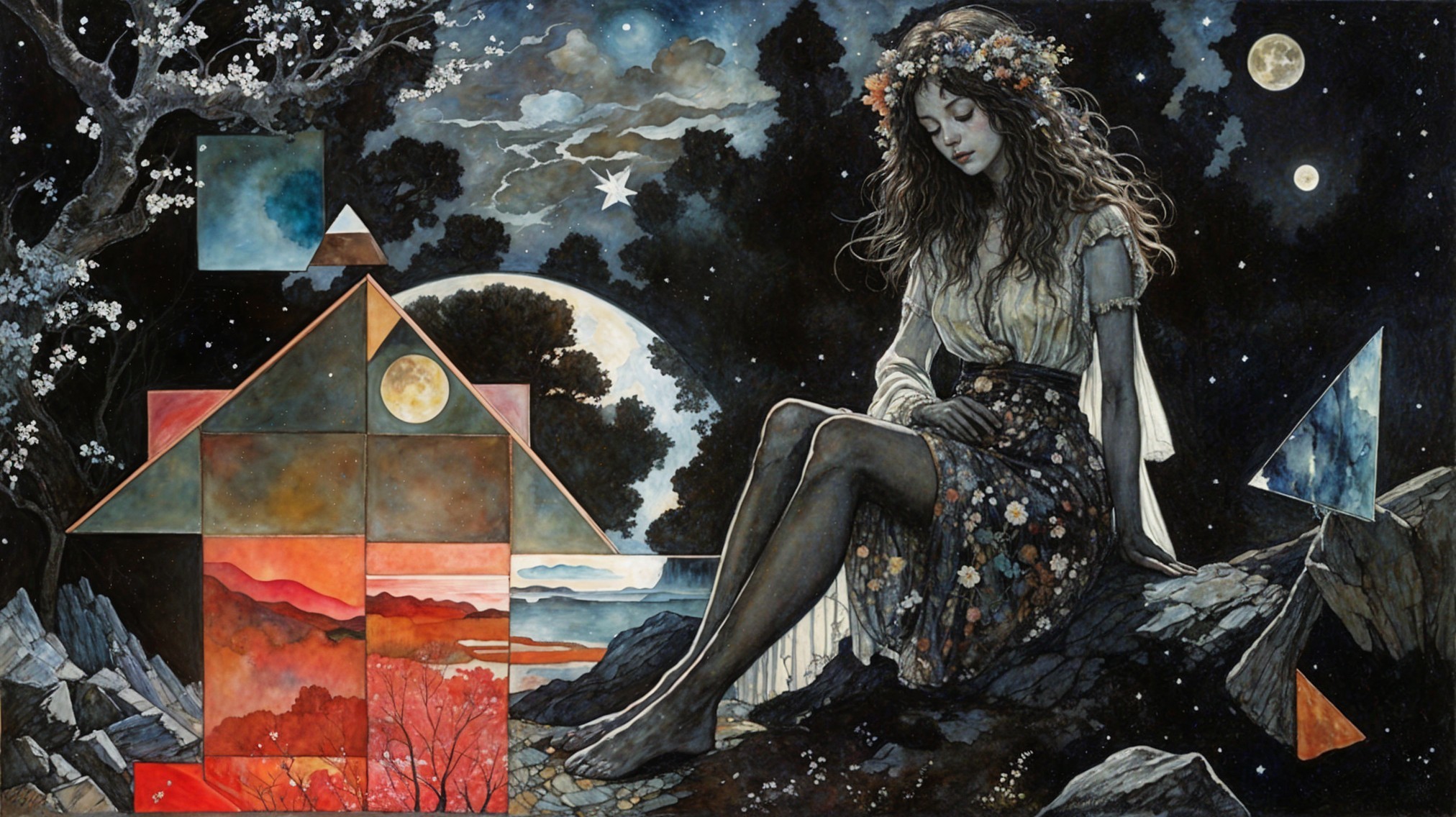 Serene Woman with Floral Crown Under Starry Night