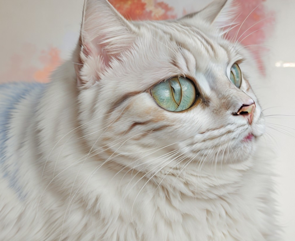 Elegant White Cat with Blue-Green Eyes and Floral Background