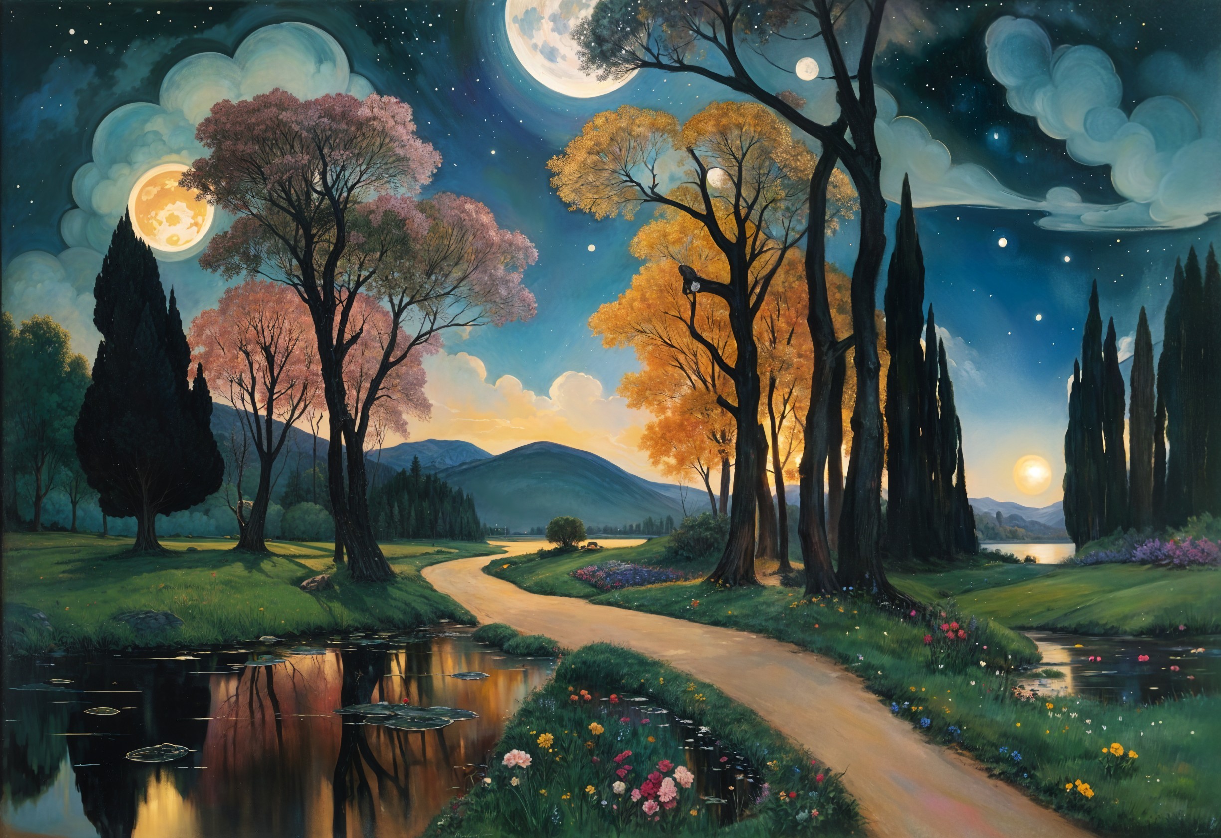 Serene landscape with winding path and flowing river