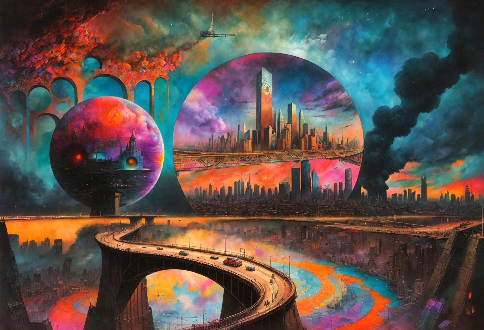 Futuristic sci-fi cityscape with winding highway and fiery nebula sky
