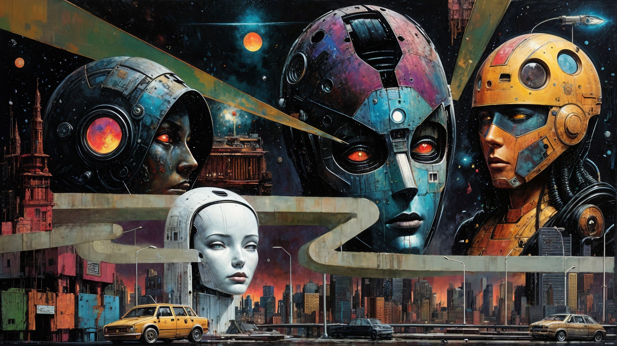 Futuristic Mural with Robotic Heads and Cosmic Background