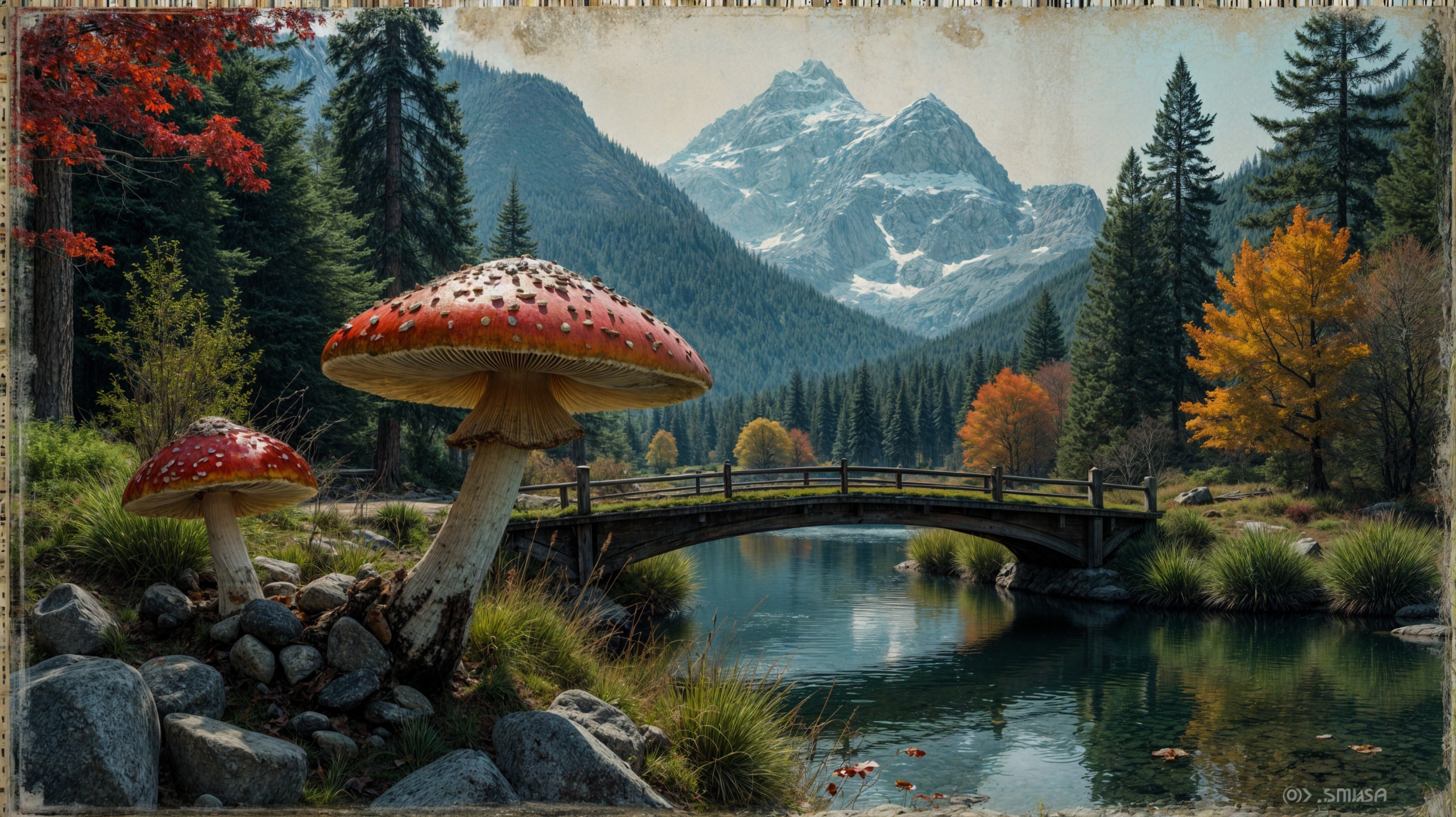 Autumn Landscape with Mountains, River, and Mushrooms