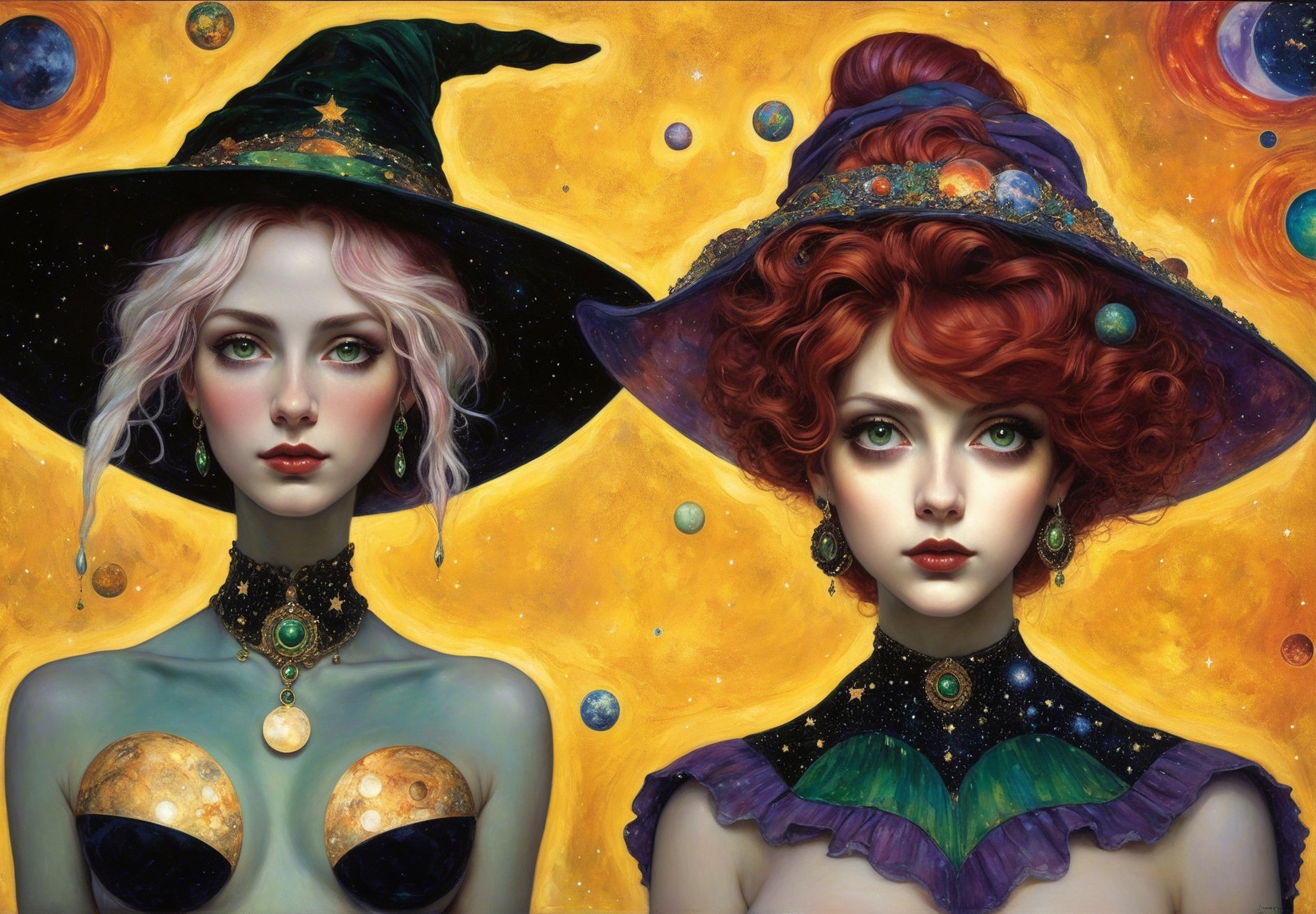 Witch-like Figures with Celestial Themes in Artwork