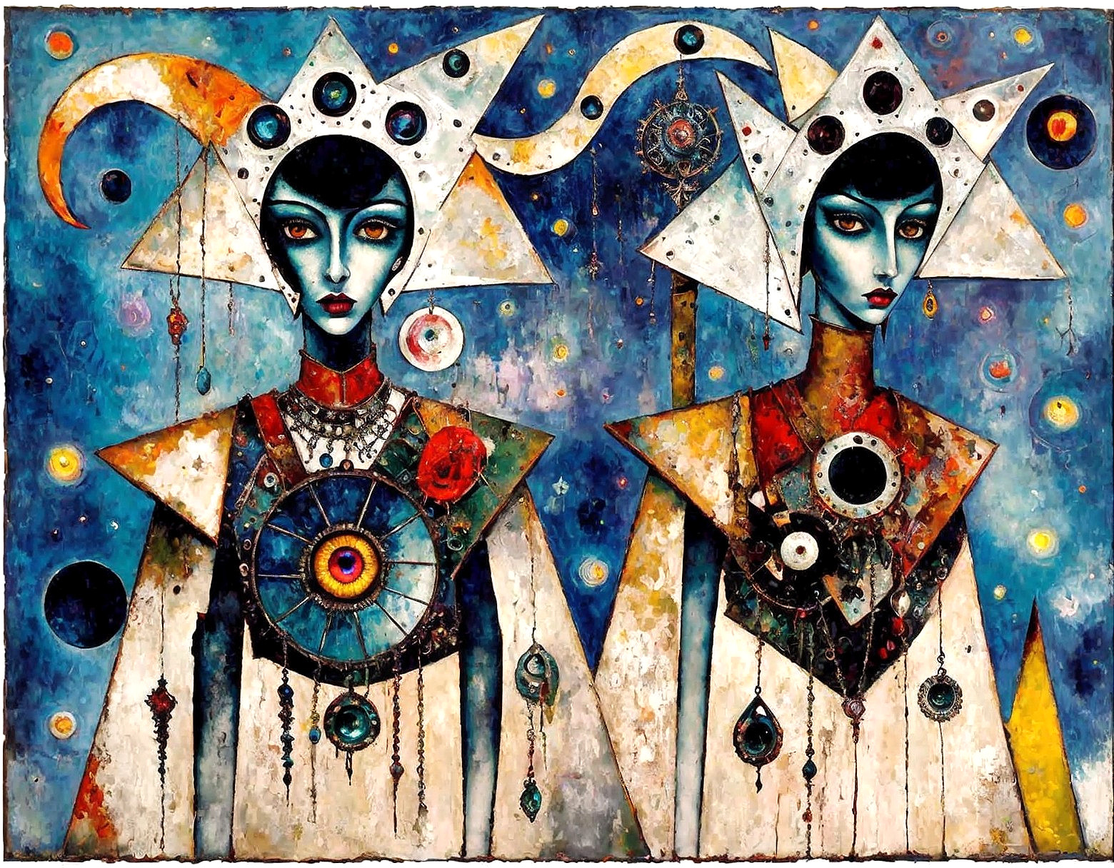 Enigmatic Figures with Cosmic Themes and Vibrant Colors