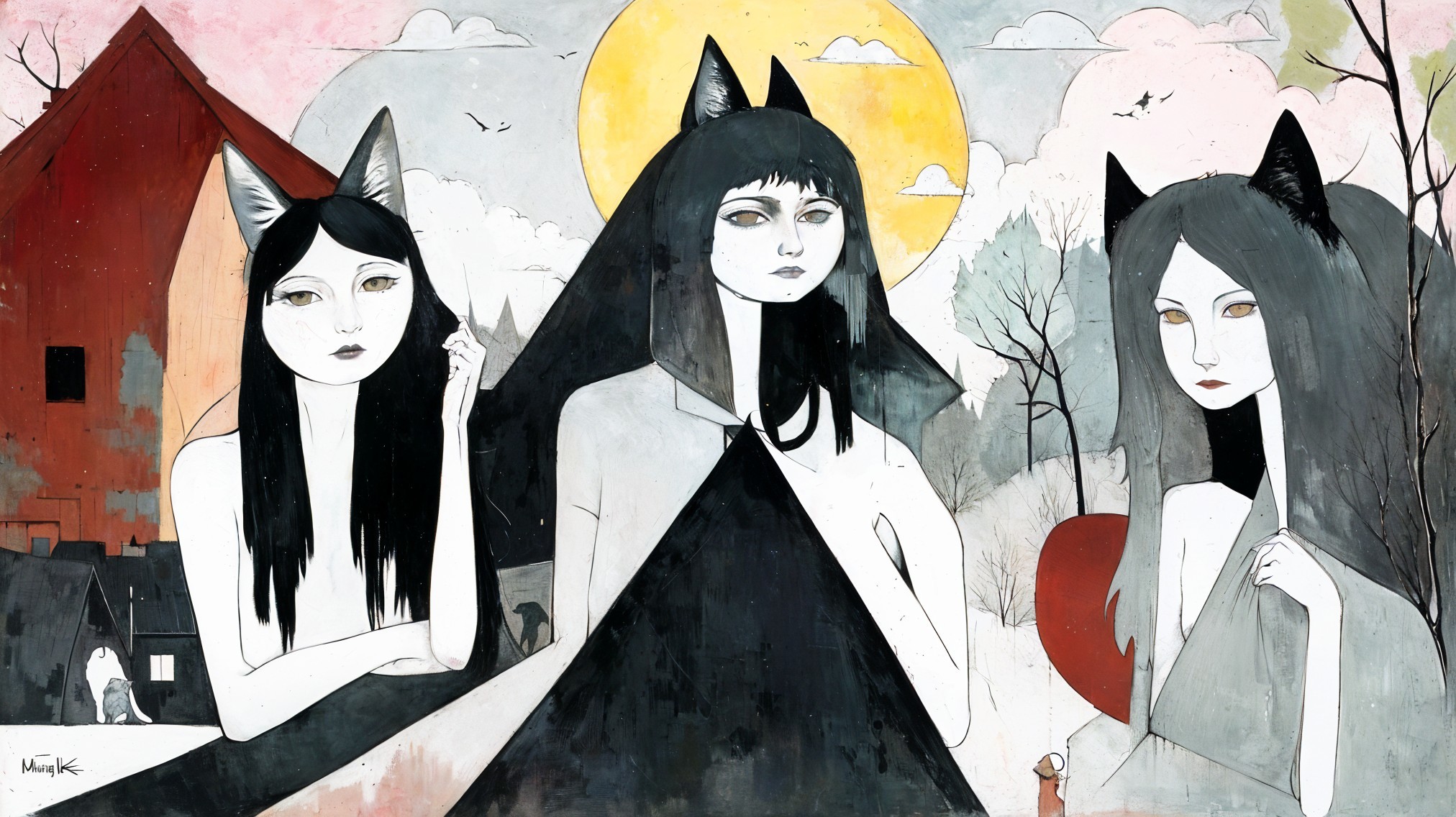 Three Figures with Cat Ears in Muted Color Palette