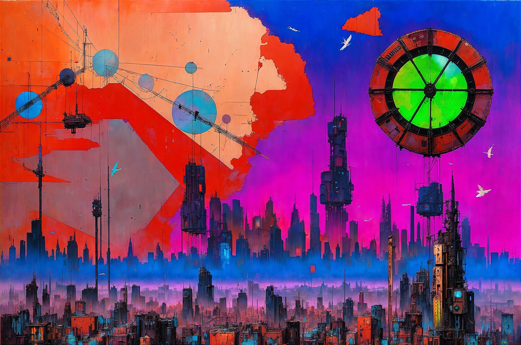 Futuristic cityscape with colorful skyscrapers and shapes