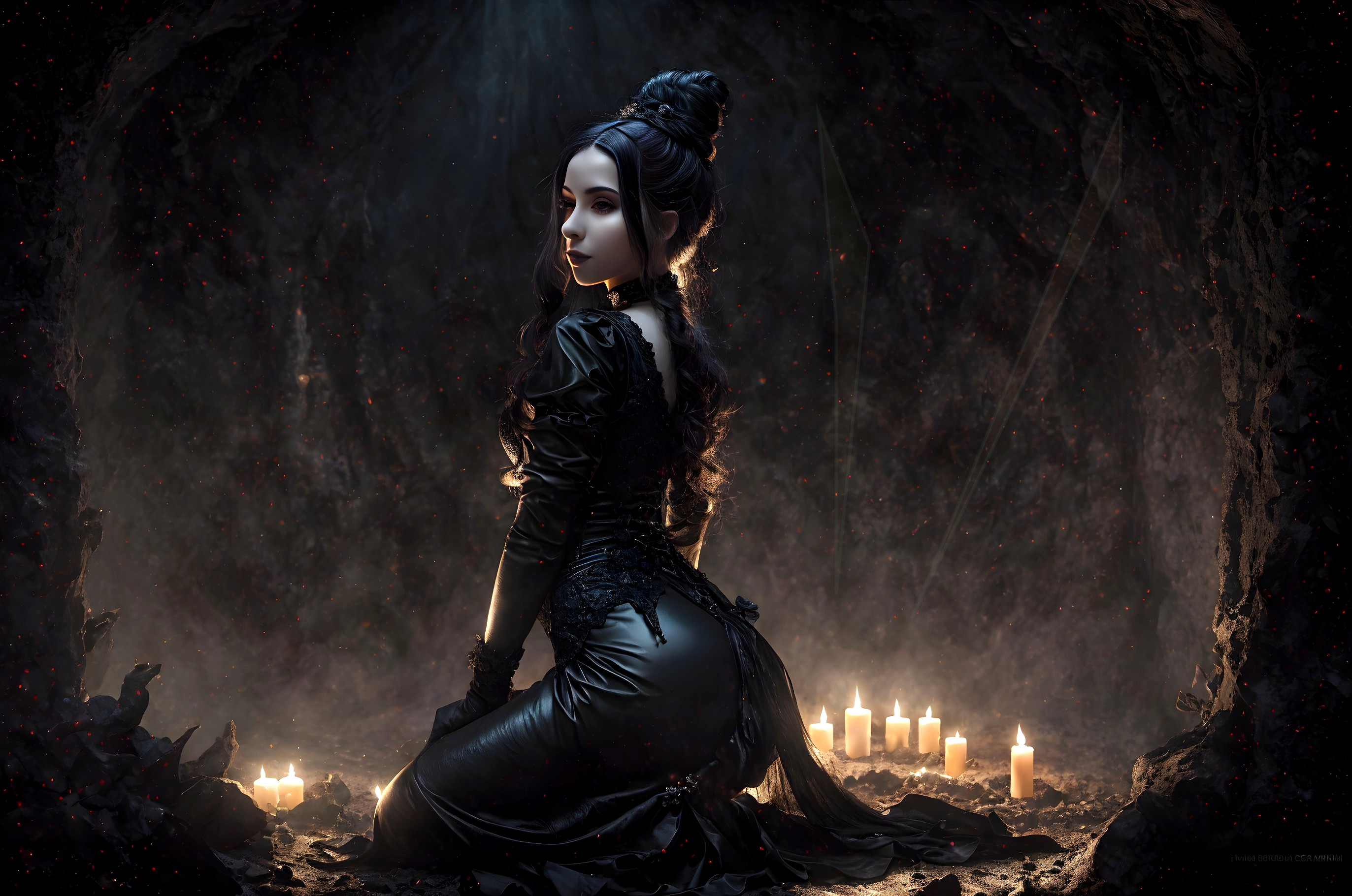 Mysterious figure in black gown in candlelit cave