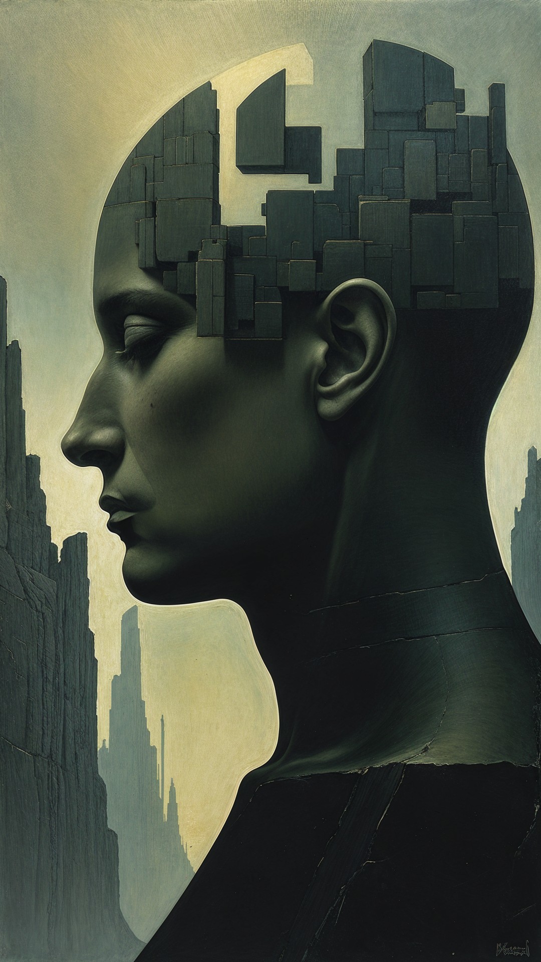 Surreal Human Head Sculpture in Rocky Landscape