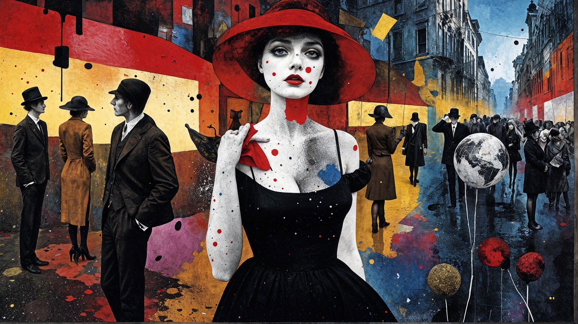 Vibrant Street Scene with Monochrome and Color Elements