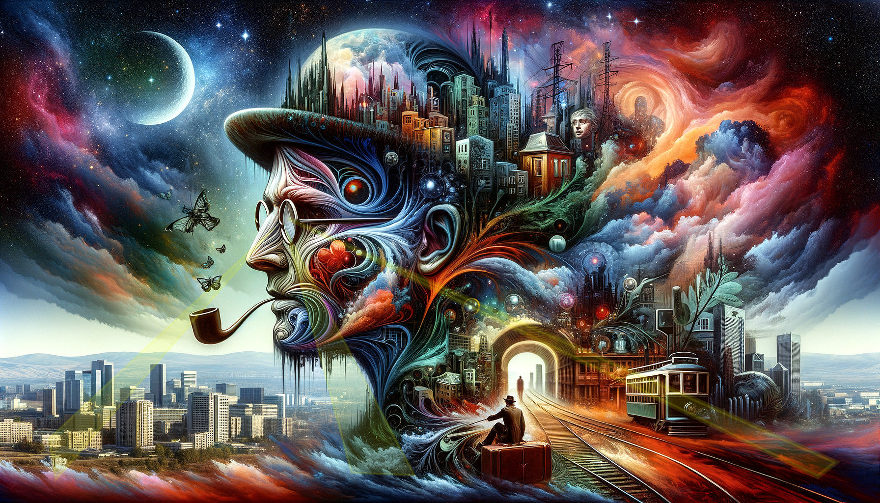 Surreal Landscape Blending Man's Profile and Cityscapes