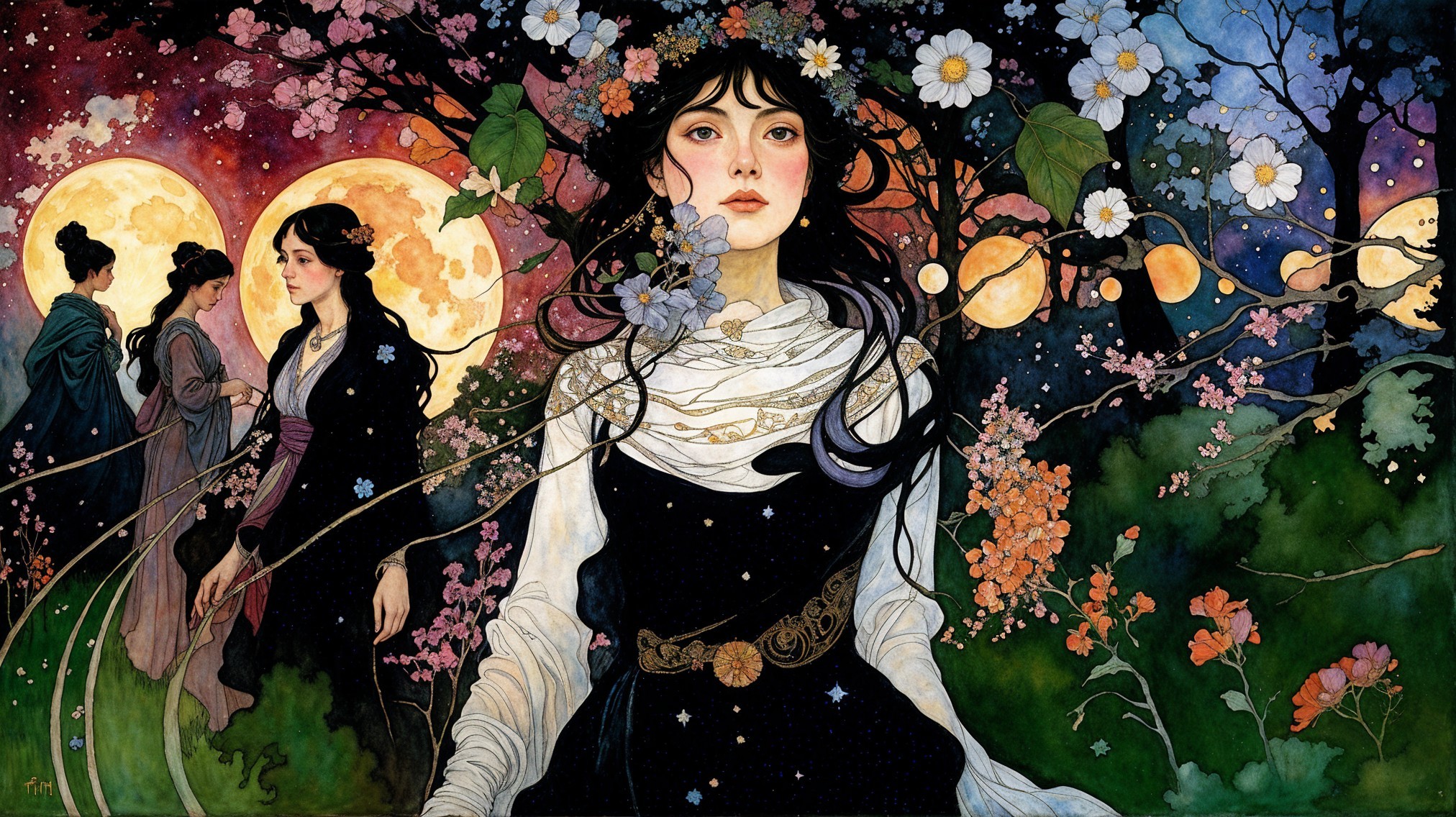 Young woman in enchanted forest with shadowy figures