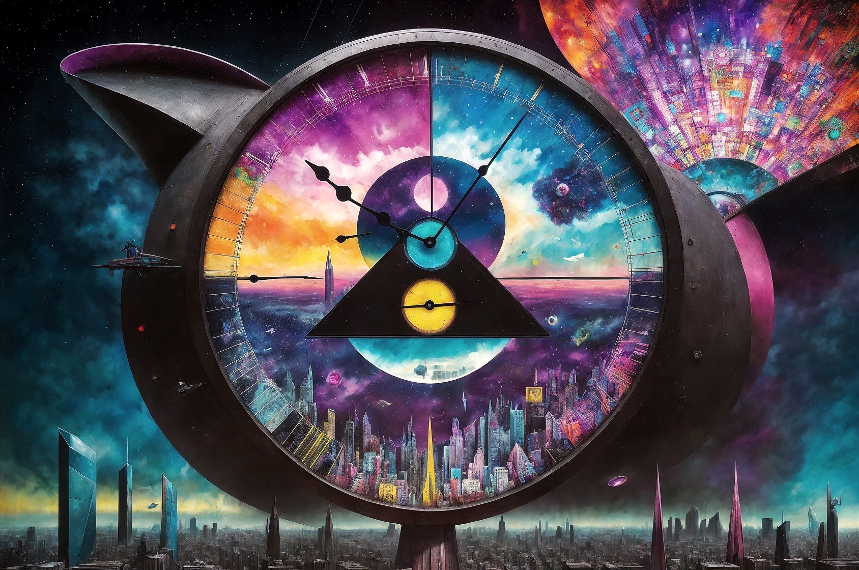 Vibrant Cosmic Clock with Futuristic Cityscape Design