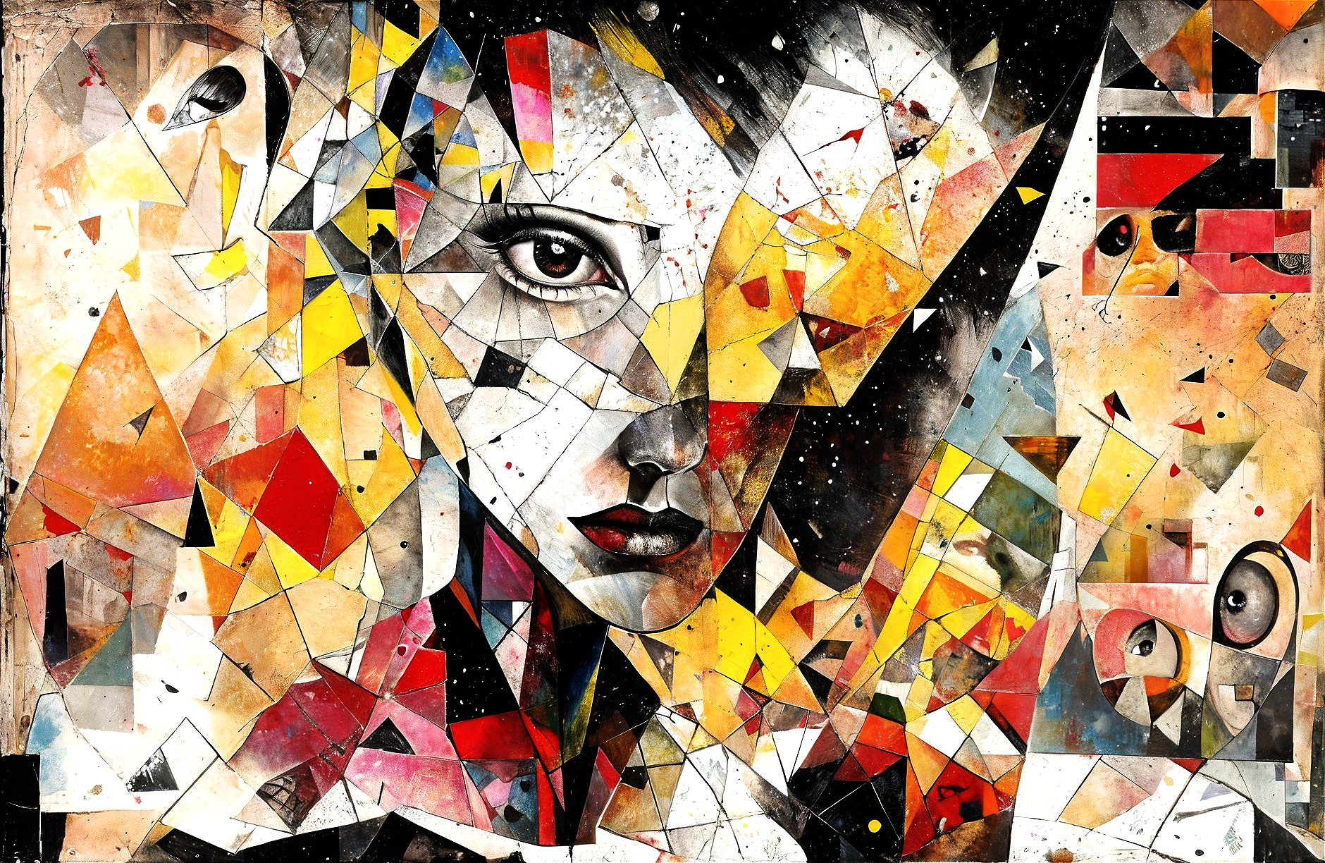 Fragmented Face Artwork with Geometric Shapes and Colors