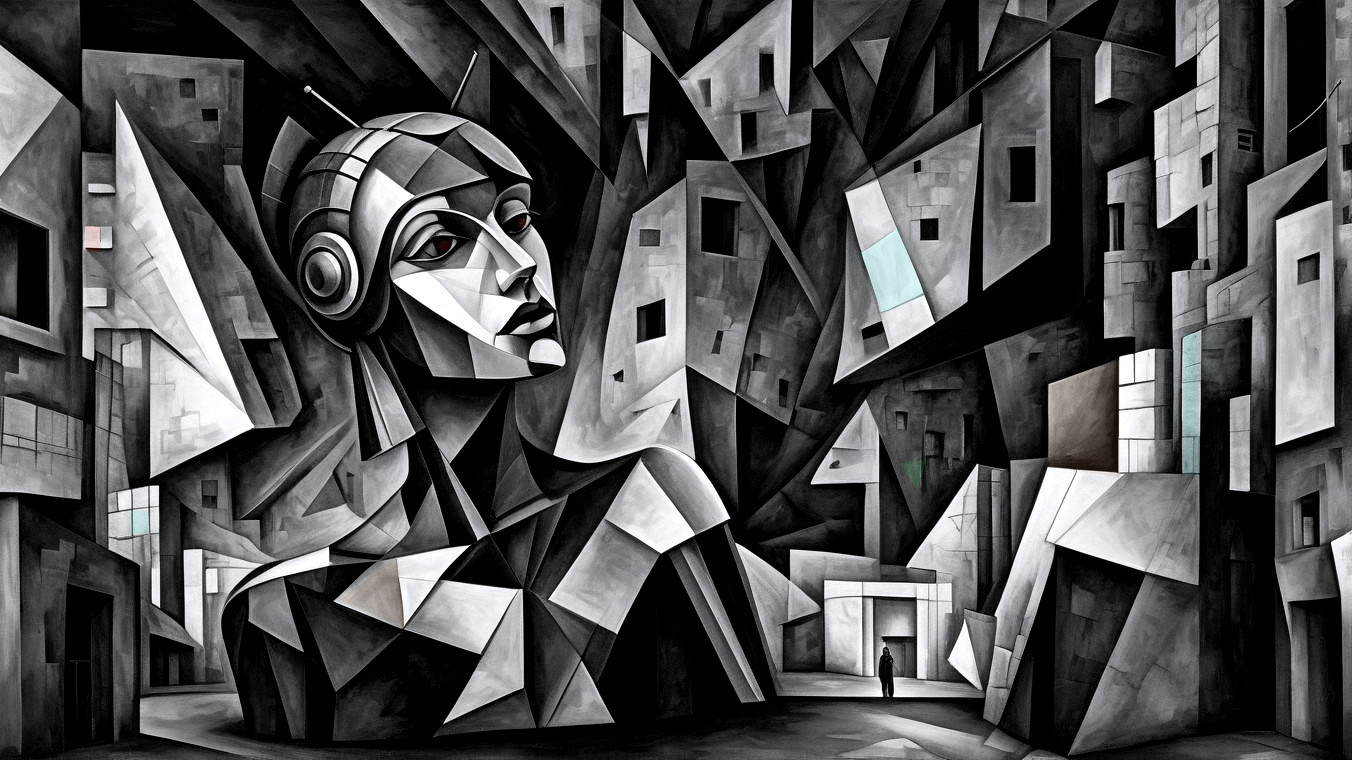Abstract Landscape with Geometric Shapes and Robot Figure