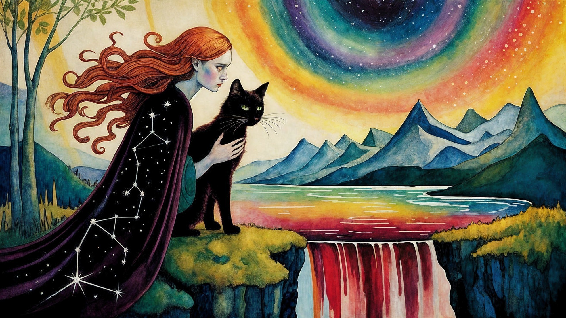 Mystical Landscape with Woman and Black Cat