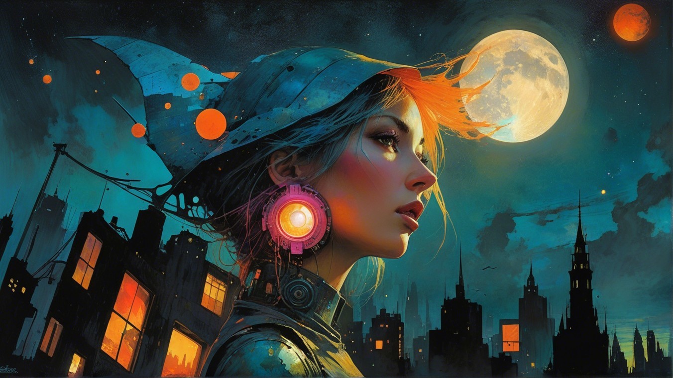 Futuristic Scene of a Woman Against a Luminous Moon