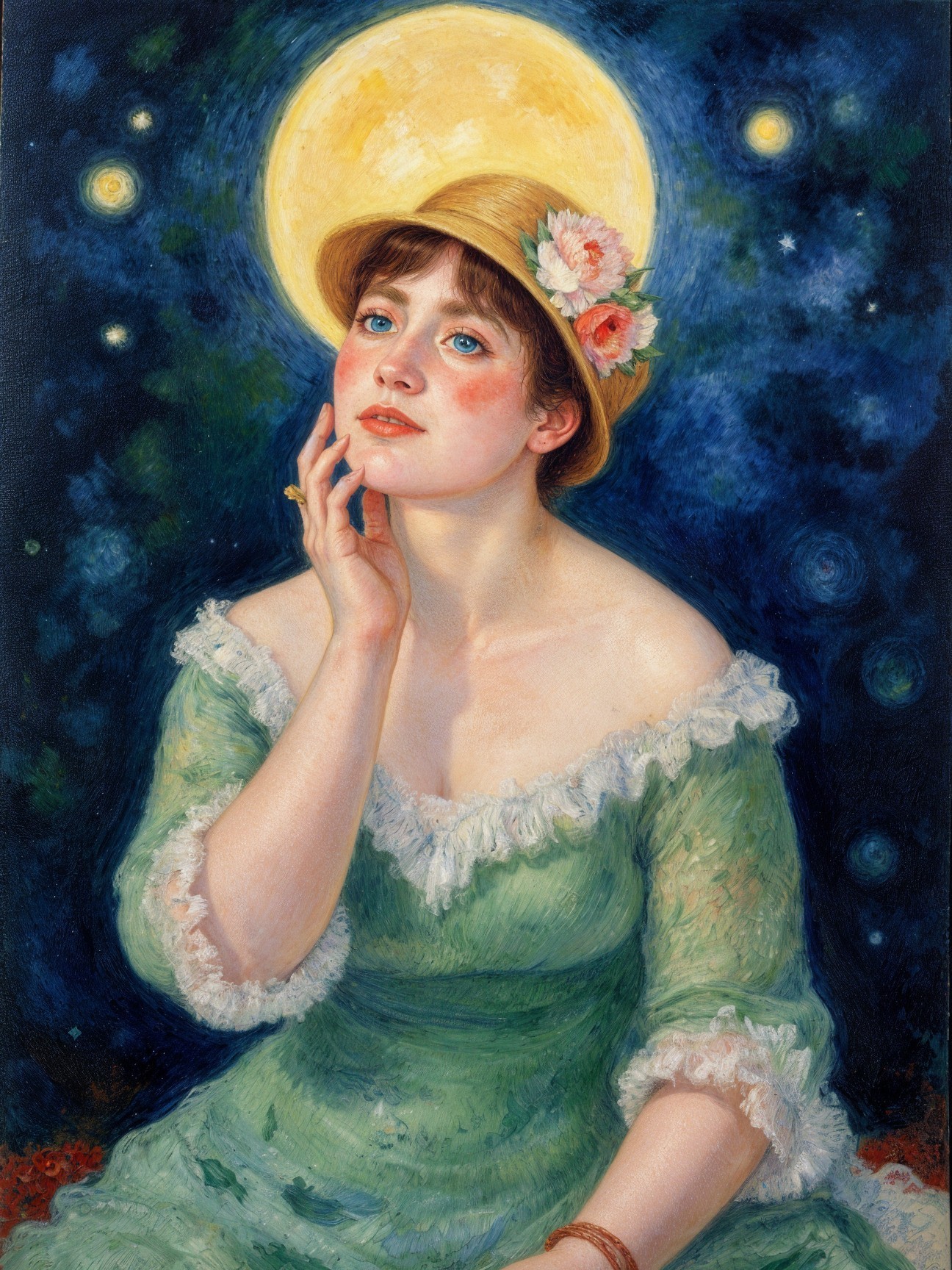 Young Woman in Green Dress Under Moonlit Sky