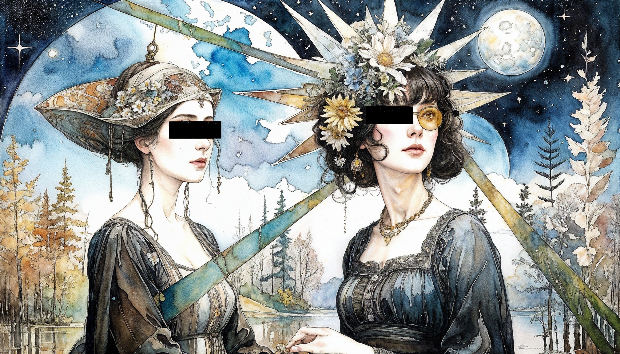 Elegant Women in Intricate Attire Against Cosmic Backdrop