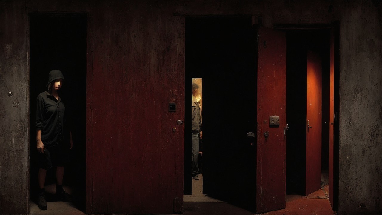Dimly Lit Corridor with Mysterious Figures and Doors