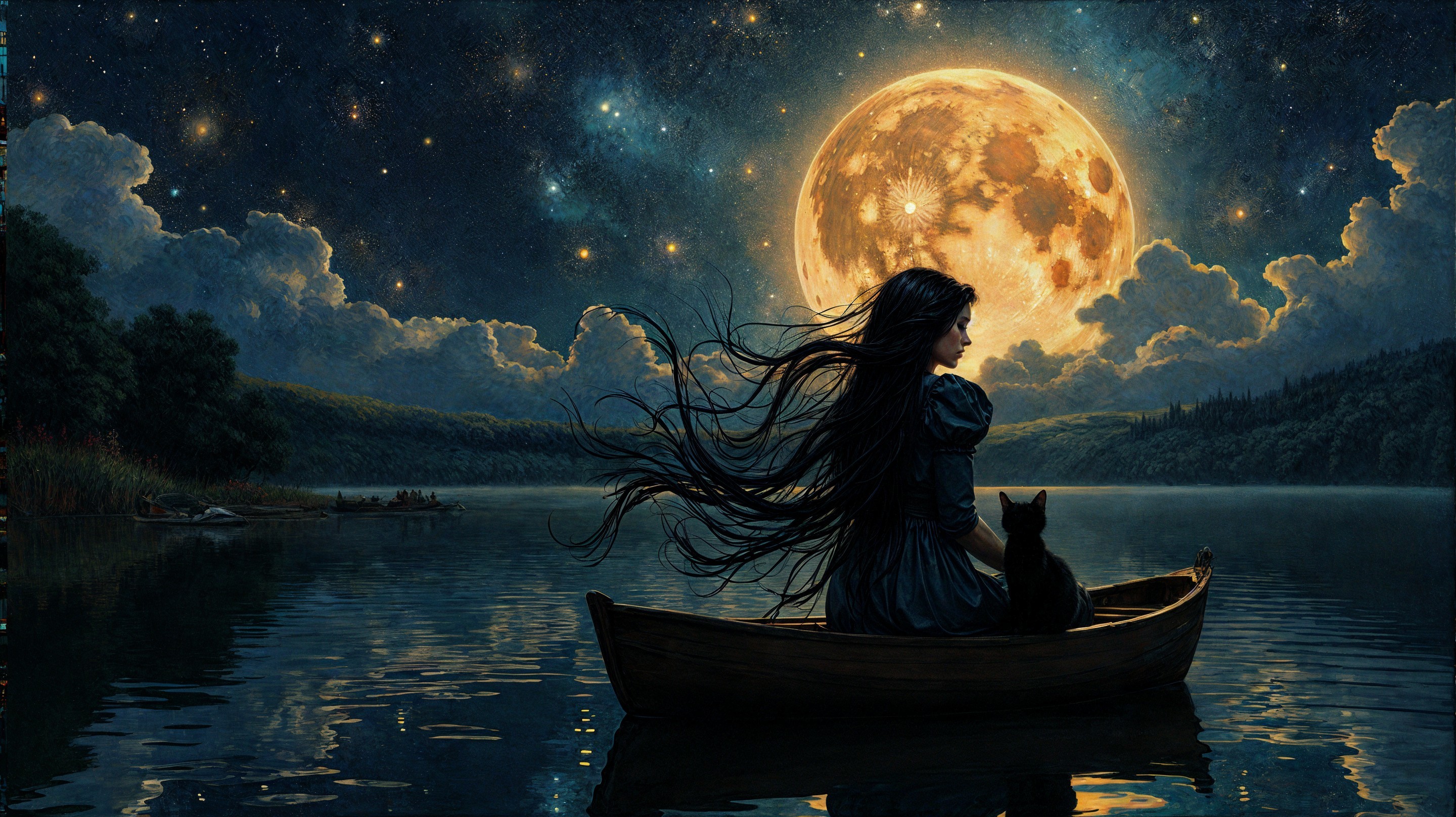 Serene Nighttime Scene with Woman and Cat on Lake