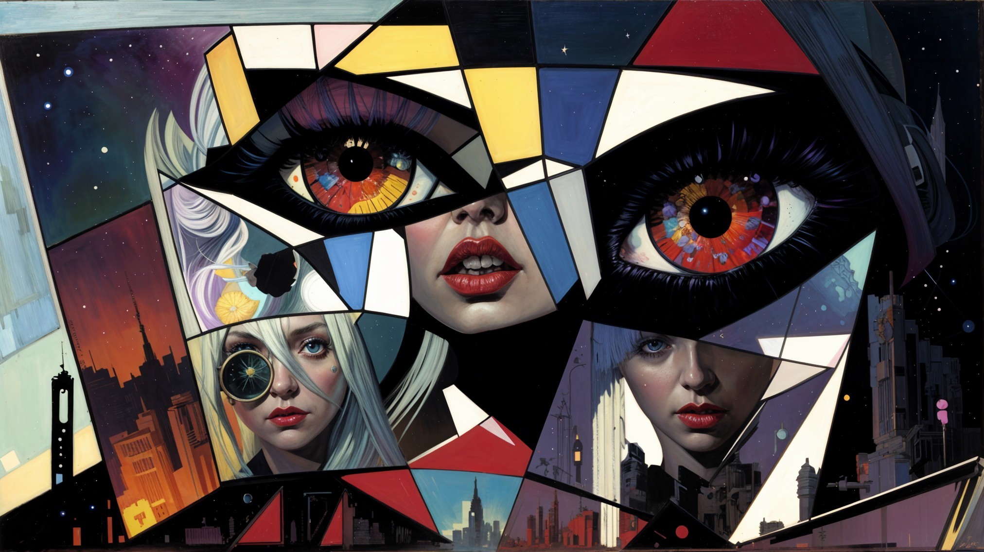 Surreal Fragmented Composition with Vibrant Eyes