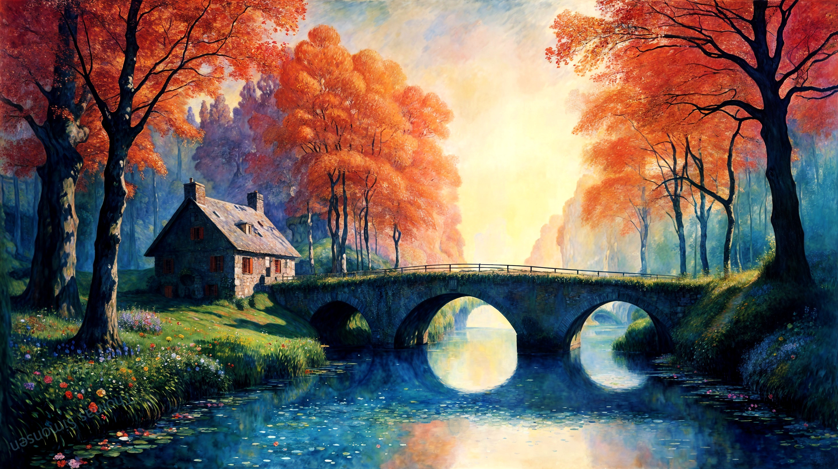 Charming Cottage by Serene River in Autumn Landscape