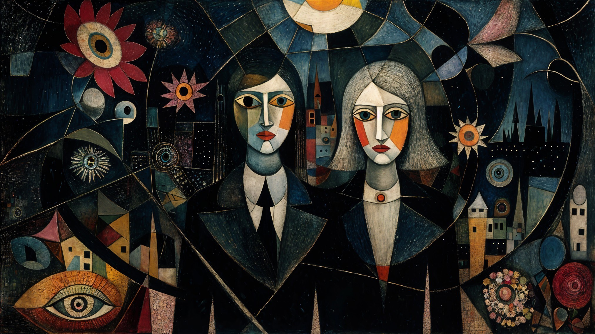 Abstract Artwork with Figures and Geometric Elements