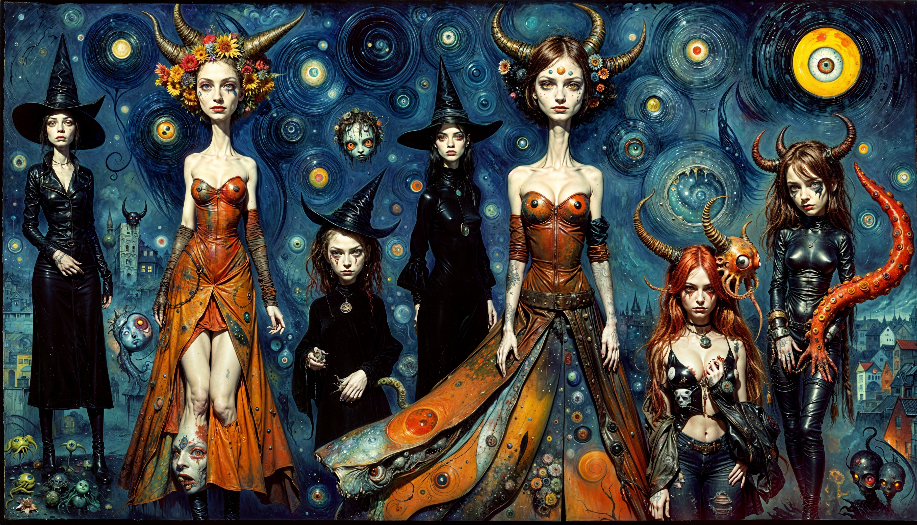 Surreal Scene with Seven Gothic Fantasy Figures