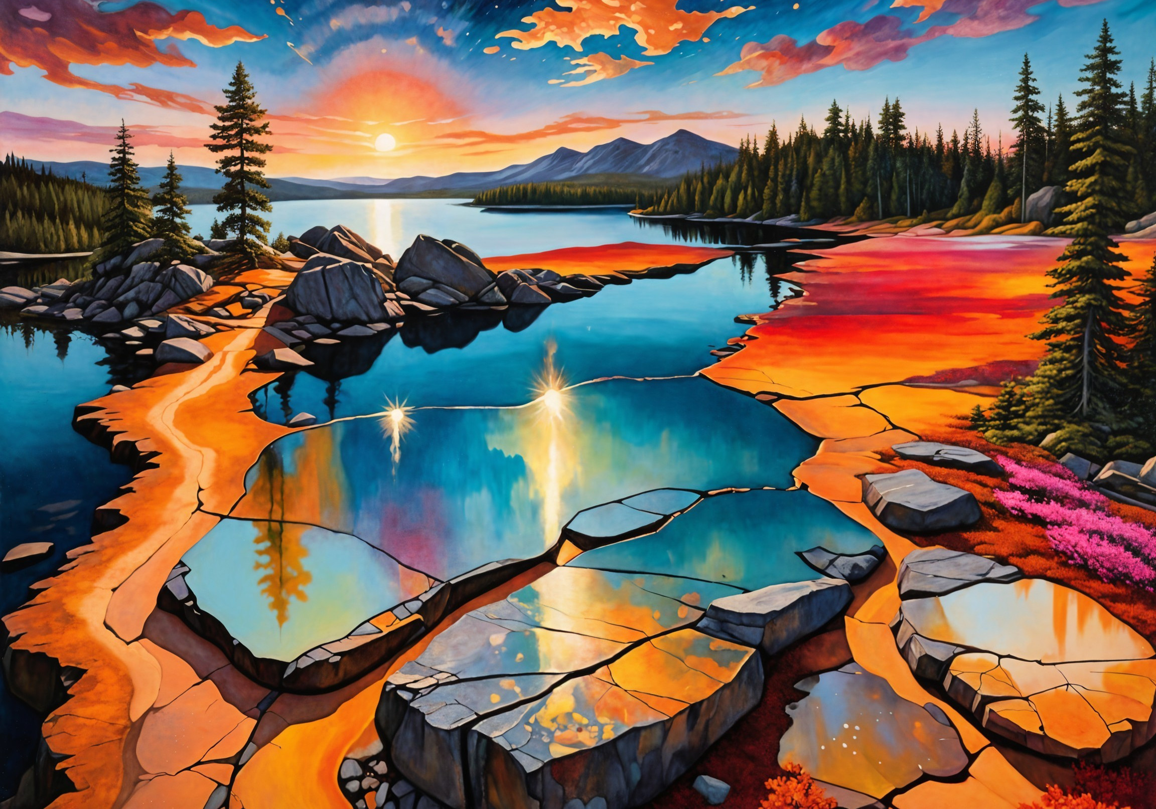 Vibrant Landscape with Sunset and Reflective Water